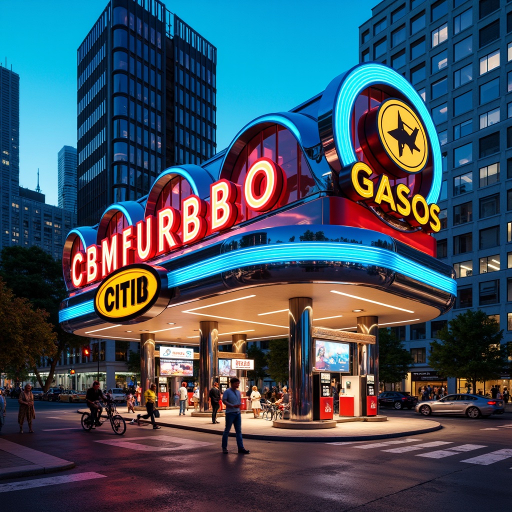 Prompt: Vibrant gas station, neon signage, bold typography, metallic accents, glossy finishes, retro-futuristic architecture, curved lines, dynamic shapes, electric blue hues, bright yellow highlights, deep red tones, sleek chrome details, modern LED lighting, urban cityscape, busy streets, morning sunlight, shallow depth of field, 1/1 composition, realistic reflections, ambient occlusion.