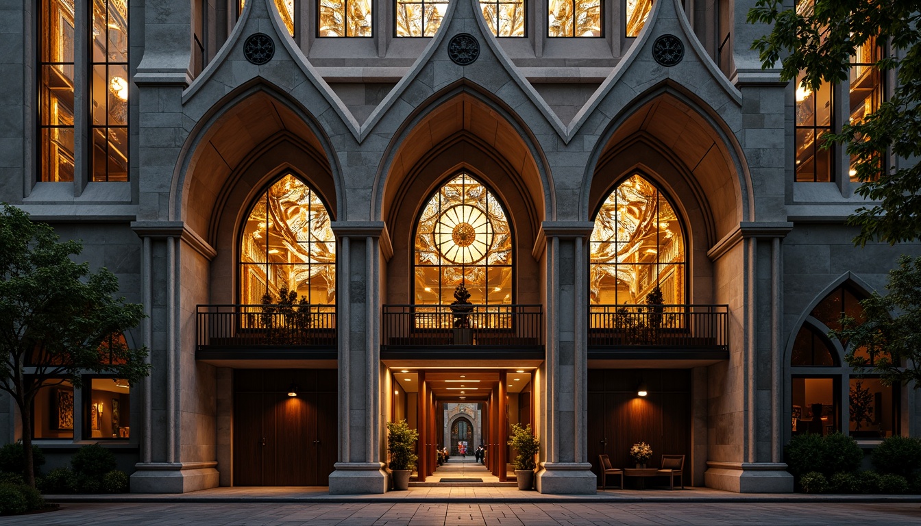 Prompt: Gothic church facade, asymmetrical composition, fragmented forms, abstract geometries, bold color contrasts, textured stone walls, stained glass windows, intricate metalwork, ornate doorways, dramatic arches, pointed spires, mystical ambiance, warm golden lighting, high-contrast shadows, 1/2 composition, low-angle shot, cinematic atmosphere, detailed textures, ambient occlusion.