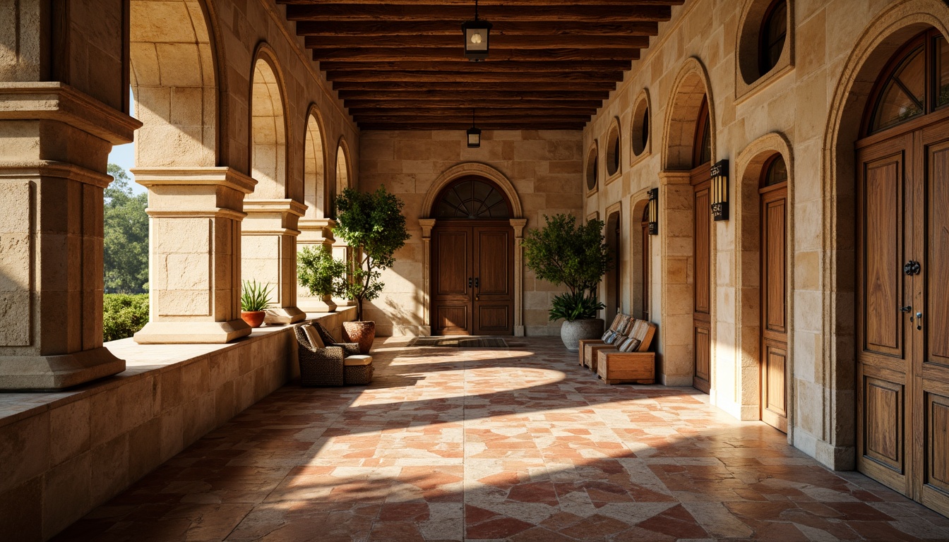 Prompt: Earth-toned stone walls, rustic archways, ornate carvings, warm golden lighting, rich terracotta floors, distressed wooden beams, soft sage greenery, muted crimson accents, creamy marble columns, intricate mosaic patterns, weathered copper details, grandiose vaulted ceilings, dramatic shadows, high contrast ratio, 1/2 composition, atmospheric perspective, realistic textures, ambient occlusion.