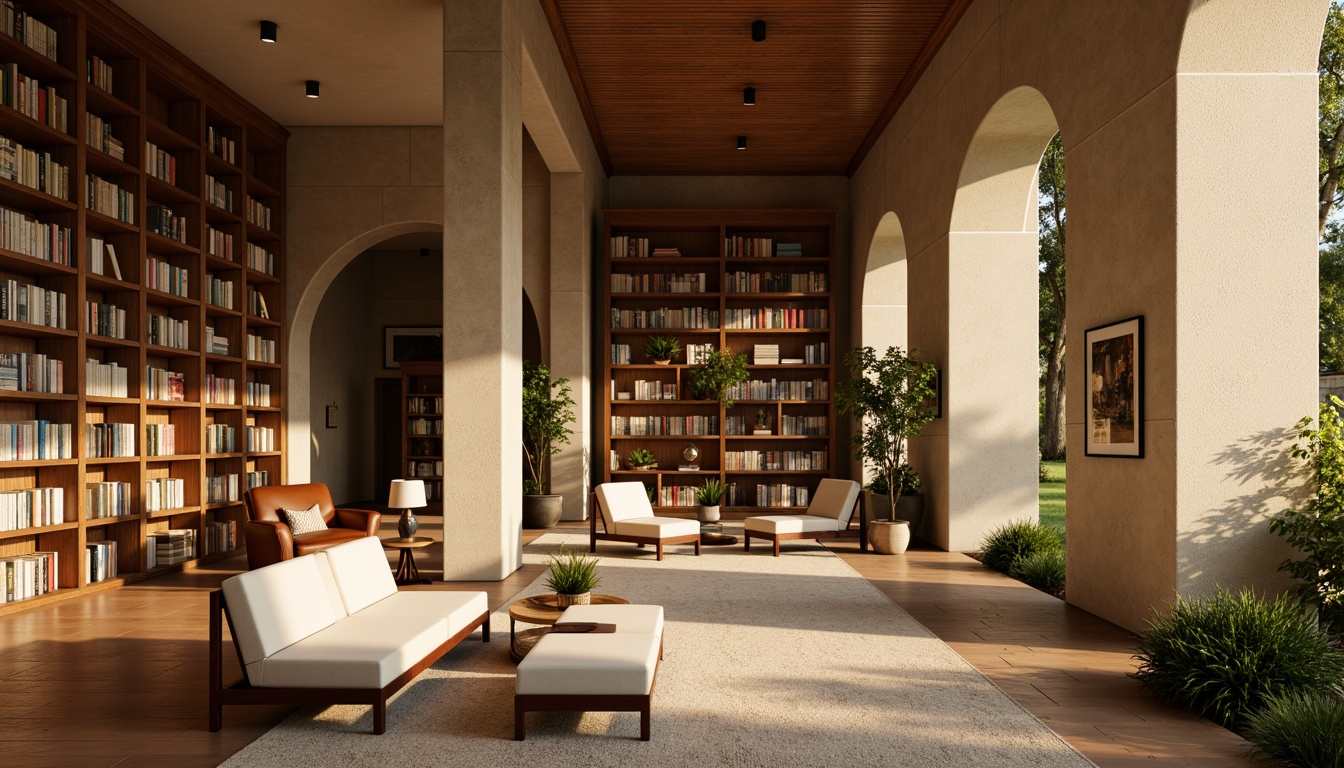 Prompt: Cozy library interior, warm beige walls, rich wood accents, comfortable seating areas, plush carpets, soft golden lighting, floor-to-ceiling bookshelves, modern minimalist furniture, calming greenery, natural stone columns, elegant archways, subtle texture overlays, realistic material reflections, shallow depth of field, 1/1 composition, warm atmospheric ambiance, inviting color palette.