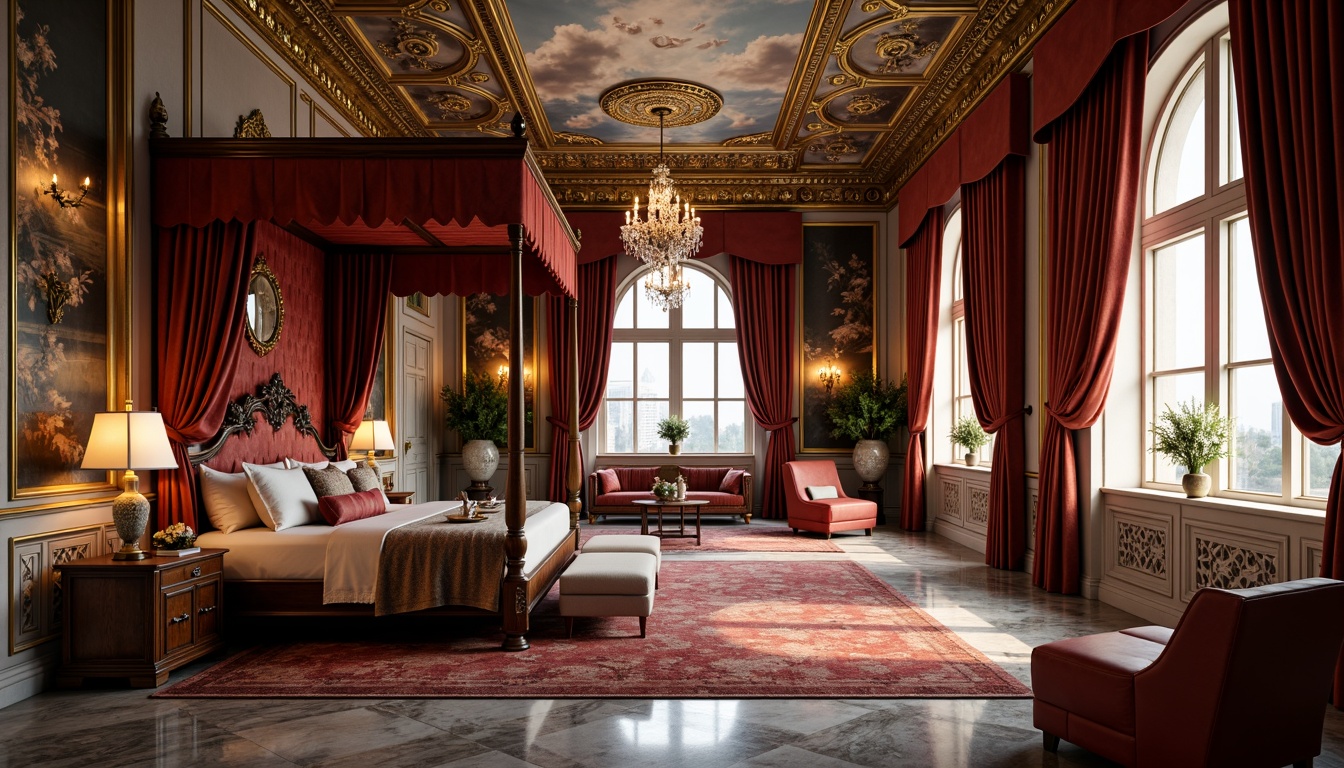 Prompt: Luxurious bedroom, rich velvet drapes, ornate gold frames, intricately carved wooden furniture, plush area rugs, lavish crystal chandeliers, soft warm lighting, dramatic ceiling murals, grandiose four-poster beds, luxurious silk bedding, heavy brocade curtains, antique bronze hardware, opulent marble floors, intricate fresco patterns, majestic arched windows, romantic candlelight, 1/1 composition, shallow depth of field, realistic textures, ambient occlusion.