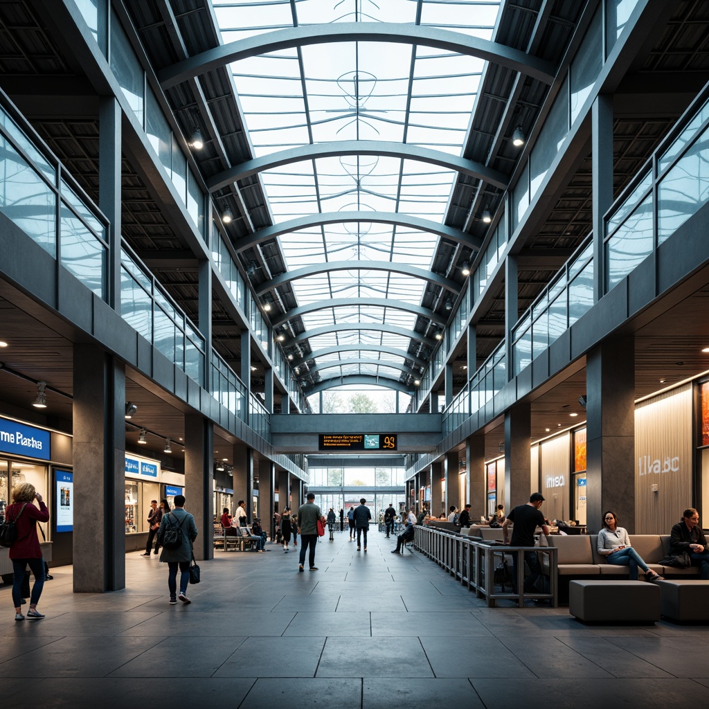 Prompt: Modern bus station interior, sleek metal framework, glass roofs, natural light pouring in, efficient passenger flow, clear signage, digital displays, comfortable seating areas, ample legroom, charging stations, minimalist decor, industrial-style flooring, urban atmosphere, busy morning commute, soft overhead lighting, shallow depth of field, 1/1 composition, realistic textures, ambient occlusion.