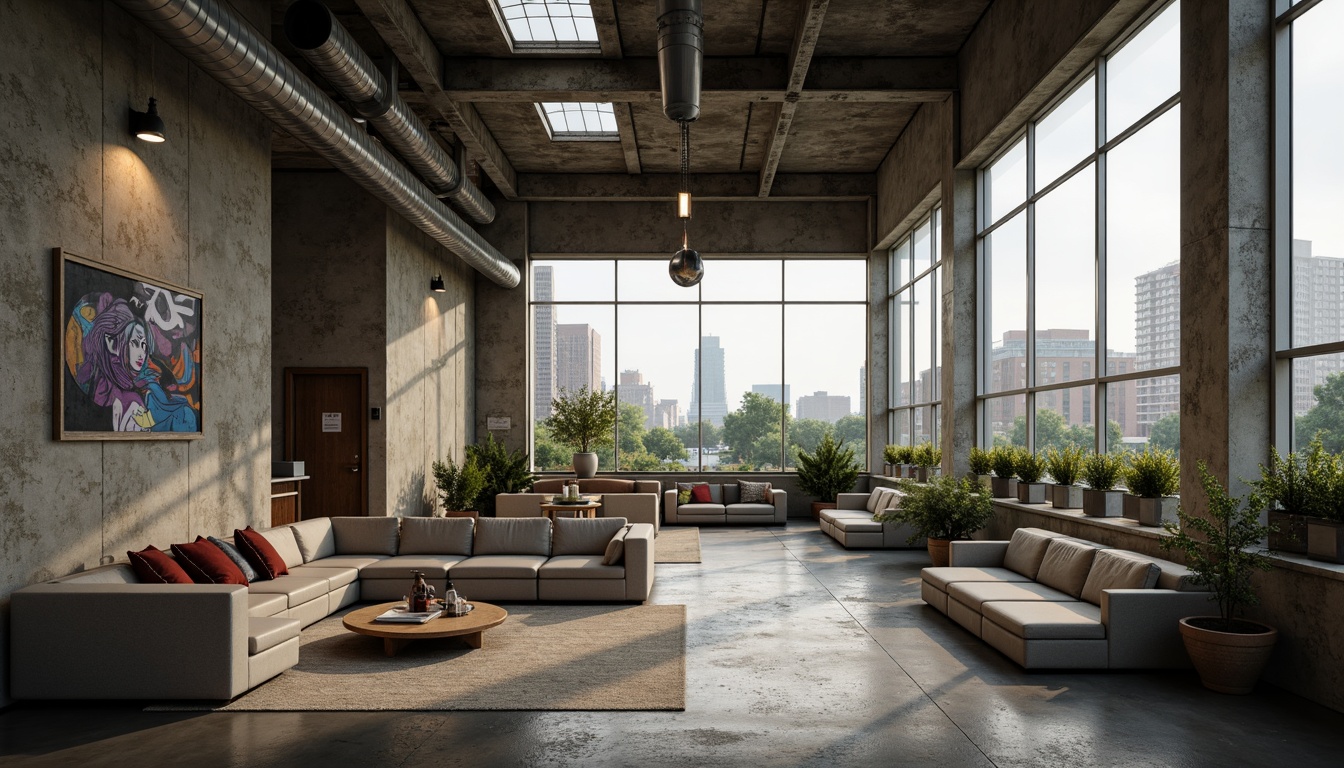 Prompt: Rugged community center, brutalist architecture, raw concrete walls, exposed ductwork, industrial metal beams, natural light pouring in, large skylights, clerestory windows, urban landscape views, gritty cityscape, overcast sky, soft diffused lighting, high contrast shadows, dramatic architectural forms, bold geometric shapes, functional minimalism, communal gathering spaces, reclaimed wood accents, weathered steel features, abstract graffiti art, moody atmospheric tones, cinematic composition, realistic textures, ambient occlusion.