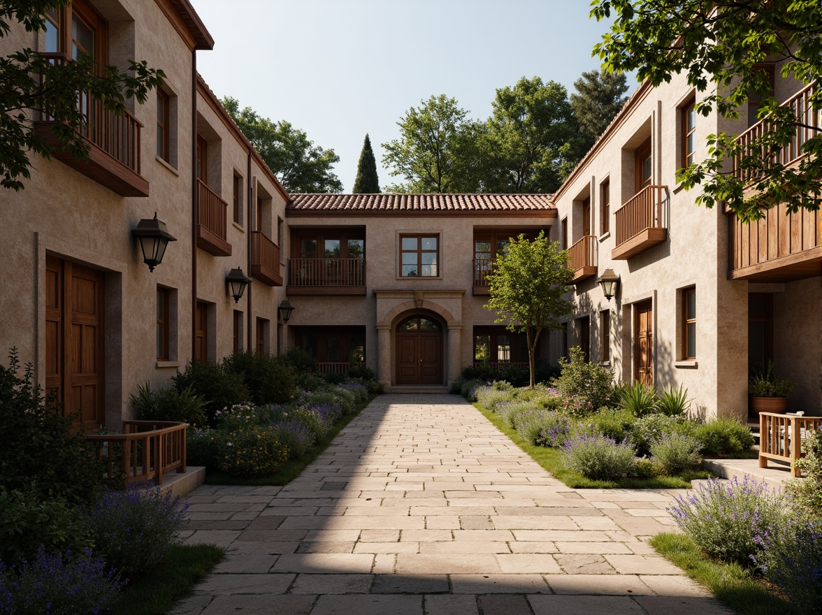 Prompt: Rustic university campus, regionalism style architecture, local materials, reclaimed wood accents, natural stone walls, earthy color palette, traditional roof tiles, ornate wooden doors, vintage lanterns, lush greenery, mature trees, serene atmosphere, warm soft lighting, shallow depth of field, 3/4 composition, panoramic view, realistic textures, ambient occlusion.