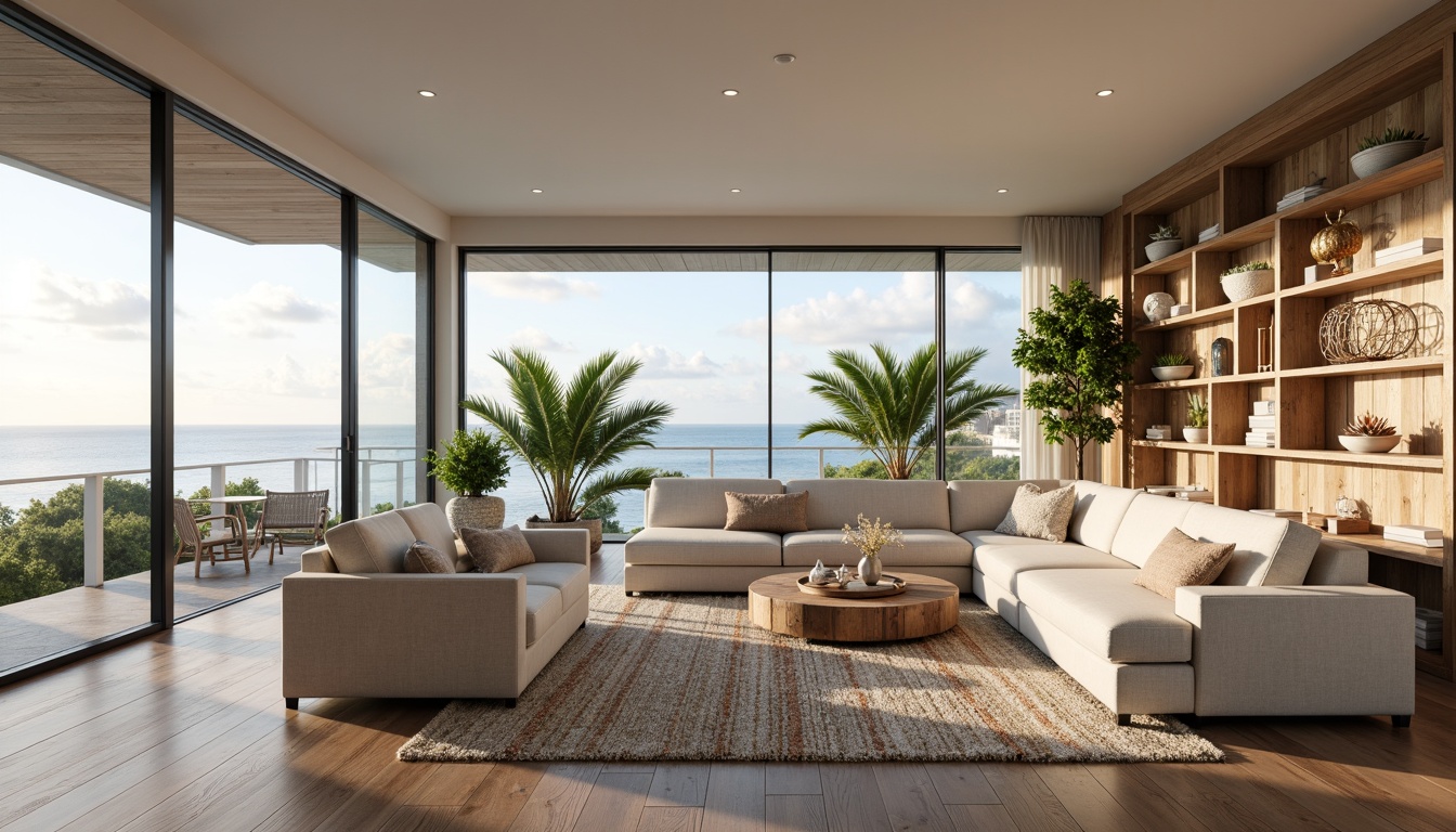 Prompt: Coastal living room, ocean-inspired color palette, driftwood accents, natural textiles, woven sea grass furniture, coral-patterned rugs, shell-adorned decorative walls, floor-to-ceiling windows, sliding glass doors, panoramic ocean views, soft warm lighting, beachy ambiance, minimalist decor, nautical-themed accessories, distressed wood flooring, plush sectional sofas, built-in shelving units, tropical plants, calming atmosphere, 1/1 composition, realistic reflections, ambient occlusion.