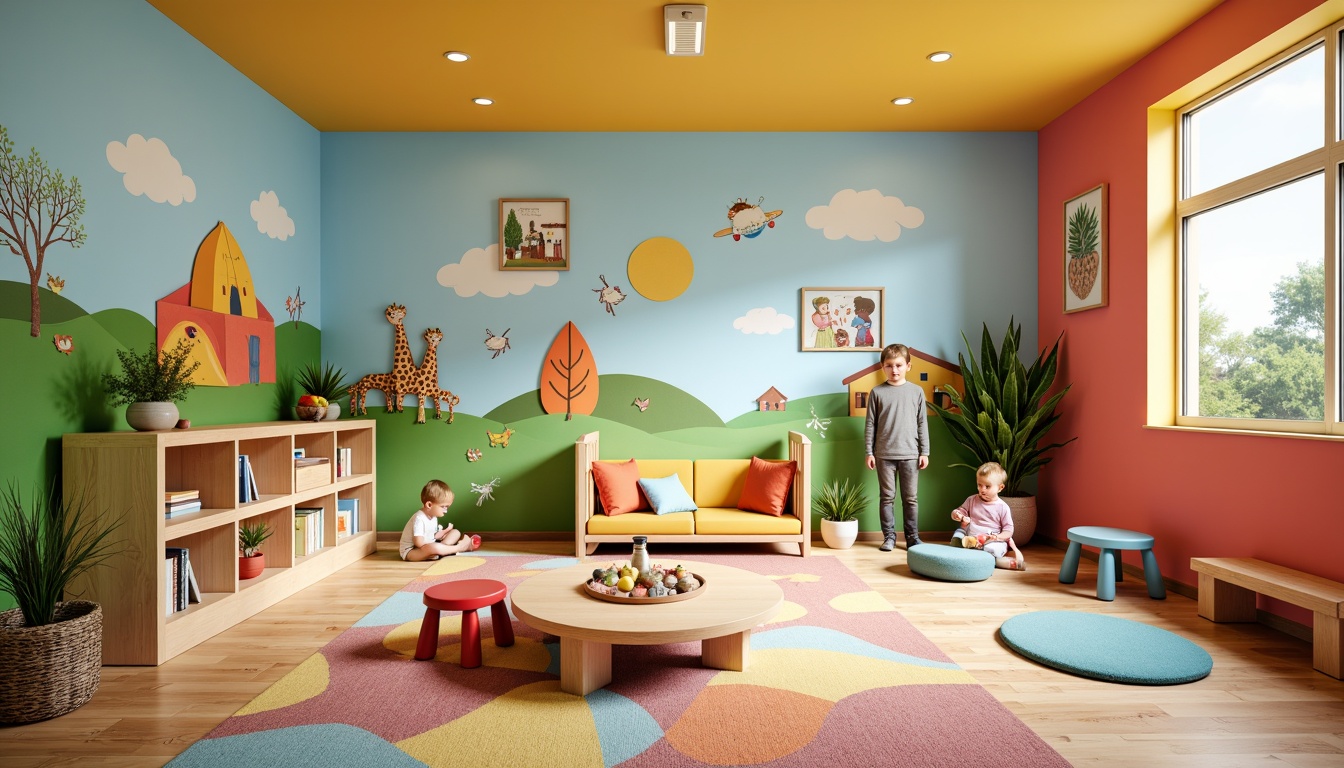 Prompt: Vibrant kindergarten interior, playful color scheme, bright primary colors, soft pastel hues, whimsical illustrations, educational wall decals, interactive play areas, cozy reading nooks, natural wood accents, colorful rug patterns, circular tables, tiny chairs, stimulating lighting, shallow depth of field, 1/1 composition, warm and inviting atmosphere.