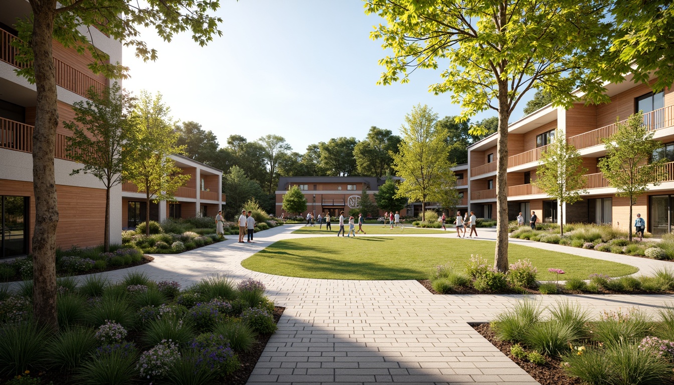 Prompt: Vibrant gymnasium courtyard, lush greenery, natural stone walls, wooden accents, modern architecture, large windows, glass doors, blooming trees, sunny day, soft warm lighting, shallow depth of field, 3/4 composition, panoramic view, realistic textures, ambient occlusion, outdoor fitness equipment, jogging tracks, sports fields, basketball courts, tennis courts, integrated landscape design, eco-friendly materials, sustainable energy solutions, rainwater harvesting systems, green roofs, innovative cooling technologies, shaded outdoor spaces, misting systems.