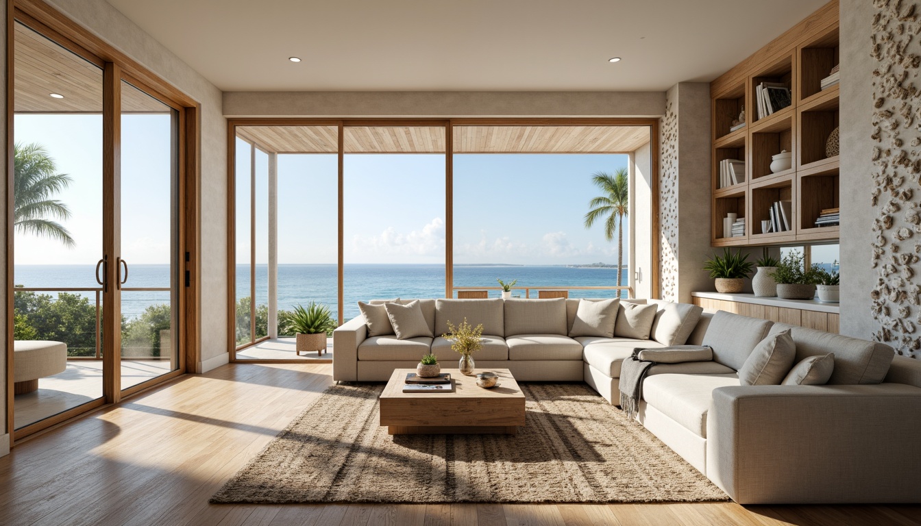 Prompt: Coastal living room, ocean-inspired color palette, driftwood accents, natural textiles, woven sea grass furniture, coral-patterned rugs, shell-adorned decorative walls, floor-to-ceiling windows, sliding glass doors, panoramic ocean views, soft warm lighting, beachy ambiance, minimalist decor, nautical-themed accessories, distressed wood flooring, plush sectional sofas, built-in shelving units, tropical plants, calming atmosphere, 1/1 composition, realistic reflections, ambient occlusion.