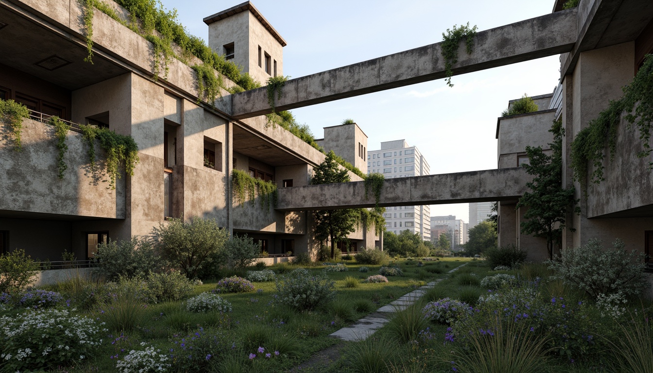 Prompt: Rugged brutalist buildings, raw concrete textures, fortress-like structures, overgrown vegetation, wildflowers, moss-covered walls, weathered steel beams, industrial materials, urban landscape integration, cityscape views, elevated walkways, cantilevered sections, dramatic shadows, harsh natural light, 1/1 composition, symmetrical framing, high-contrast lighting, gritty realistic textures, ambient occlusion.