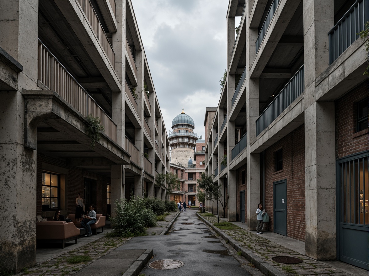 Prompt: Rough concrete walls, exposed ductwork, industrial metal beams, raw brick facades, weathered stone surfaces, distressed wood accents, brutalist monumentality, fortress-like structures, urban cityscape, overcast skies, dramatic shadows, high-contrast lighting, cinematic composition, gritty realistic textures, ambient occlusion.