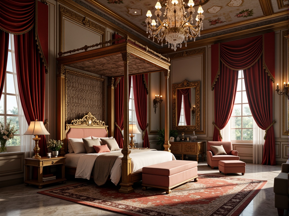 Prompt: Luxurious bedroom, rich velvet drapes, ornate gold frames, intricately carved wooden furniture, plush area rugs, lavish crystal chandeliers, soft warm lighting, dramatic ceiling murals, grandiose four-poster beds, luxurious silk bedding, heavy brocade curtains, antique bronze hardware, opulent marble floors, intricate fresco patterns, majestic arched windows, romantic candlelight, 1/1 composition, shallow depth of field, realistic textures, ambient occlusion.