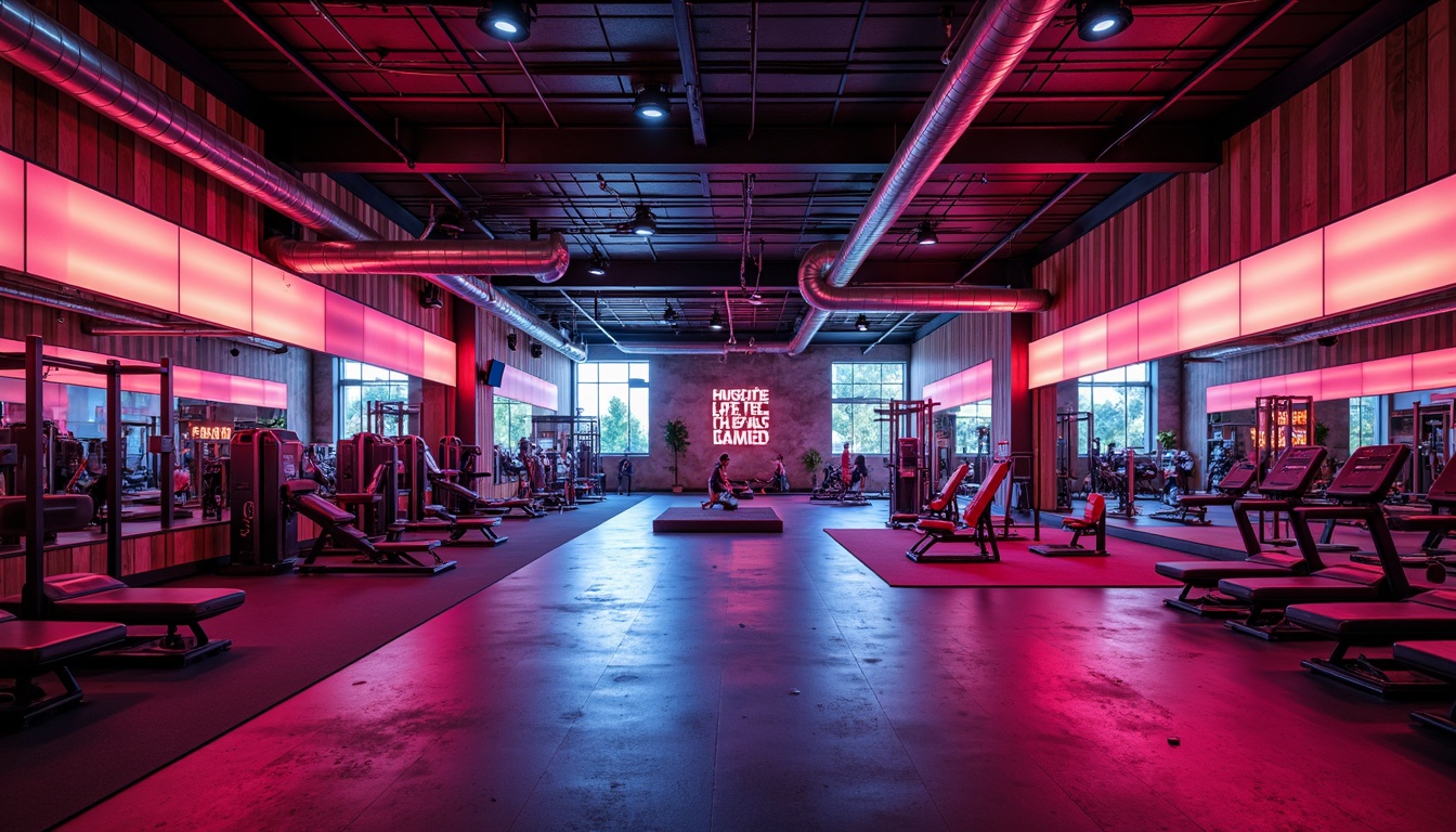 Prompt: Vibrant fitness studio, bold color scheme, energetic atmosphere, neon lights, motivational quotes, modern equipment, sleek metal frames, rubber flooring, mirrored walls, high ceilings, natural light, urban loft design, industrial chic aesthetic, reclaimed wood accents, metallic tones, dynamic lighting effects, fast-paced rhythm, 1/1 composition, shallow depth of field, realistic textures, ambient occlusion.