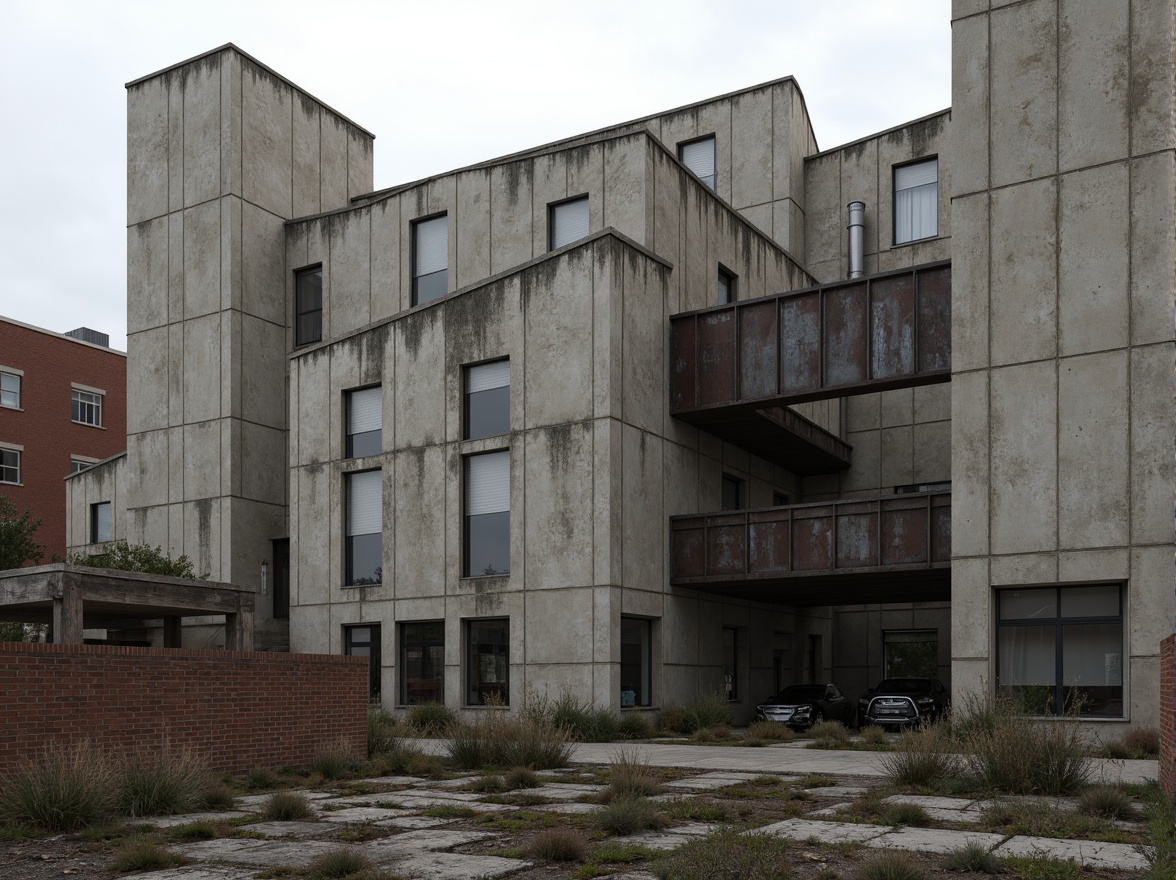 Prompt: Rough-hewn concrete walls, exposed ductwork, industrial metal beams, weathered steel surfaces, raw brick facades, rugged stone foundations, brutalist fortress-like structures, dramatic cantilevered roofs, angular geometric forms, monolithic monumental scale, harsh urban landscapes, overcast skies, diffused natural light, high-contrast shadows, gritty realistic textures, detailed normal maps, ambient occlusion.