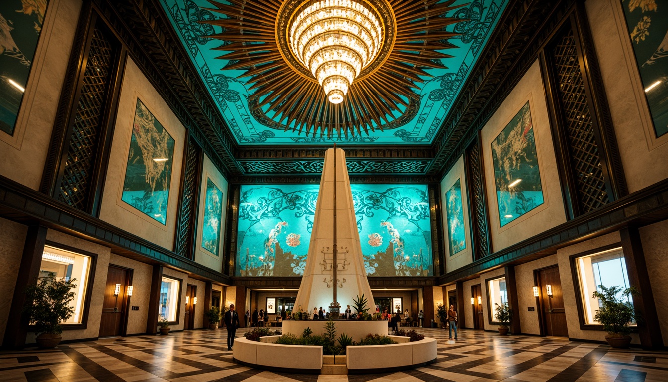 Prompt: Opulent Art Deco monument, ornate metalwork, geometric patterns, zigzag motifs, chevron designs, sunburst ornaments, luxurious marble, polished chrome accents, lavish chandeliers, intricate mosaics, bold typography, vibrant turquoise, rich gold leafing, dramatic spotlights, low-angle photography, cinematic composition, high-contrast lighting, detailed textures, ambient occlusion.