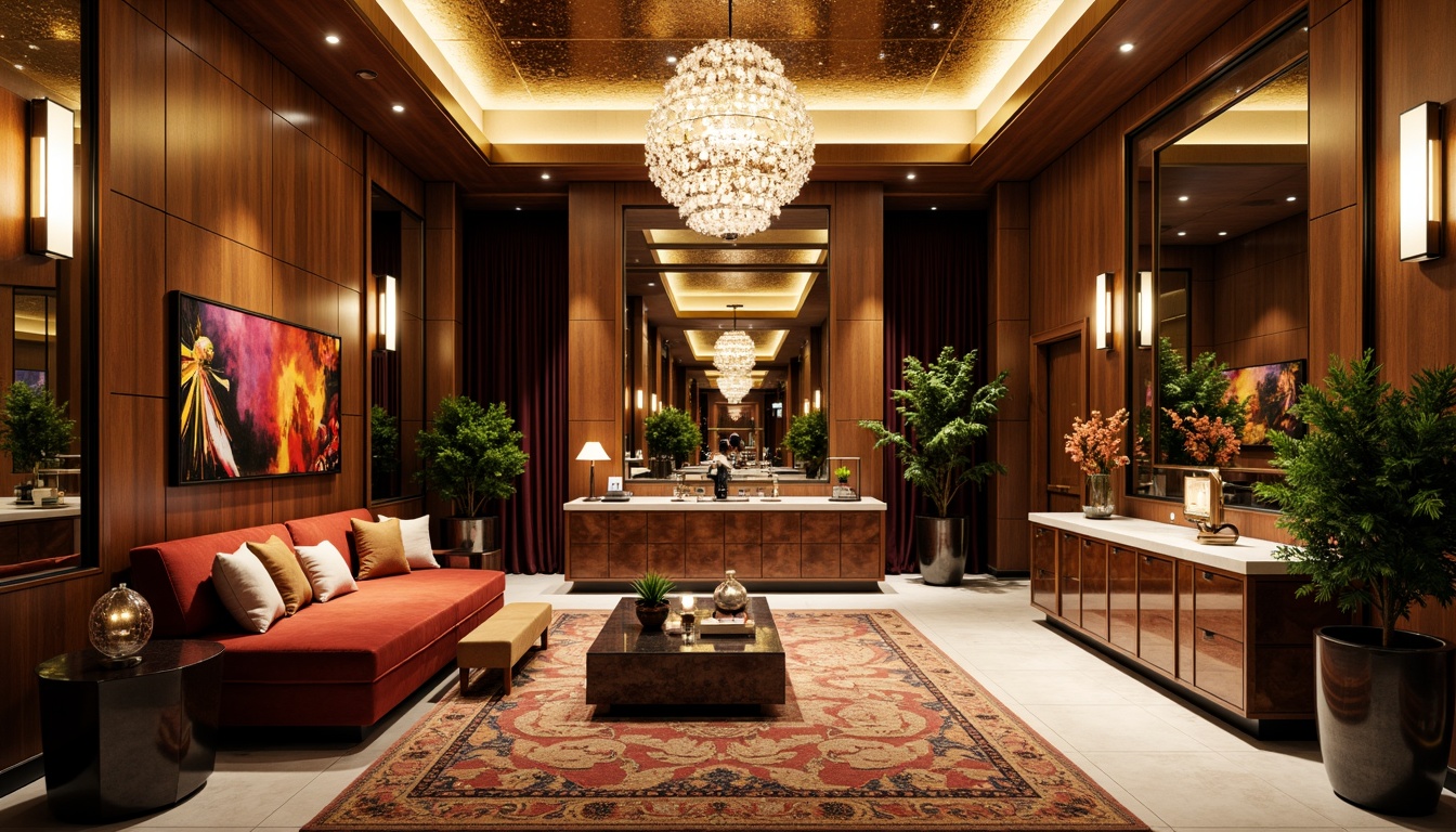 Prompt: Luxurious office interior, Art Deco style, metallic accents, geometric patterns, bold color schemes, high-gloss finishes, polished chrome fixtures, rich wood tones, marble countertops, ornate mirrors, statement lighting fixtures, luxurious textiles, velvet upholstery, geometric-shaped furniture, metallic leafing, opulent chandeliers, dramatic drapery, lavish rugs, sophisticated ambiance, warm golden lighting, shallow depth of field, 1/1 composition, realistic textures, ambient occlusion.