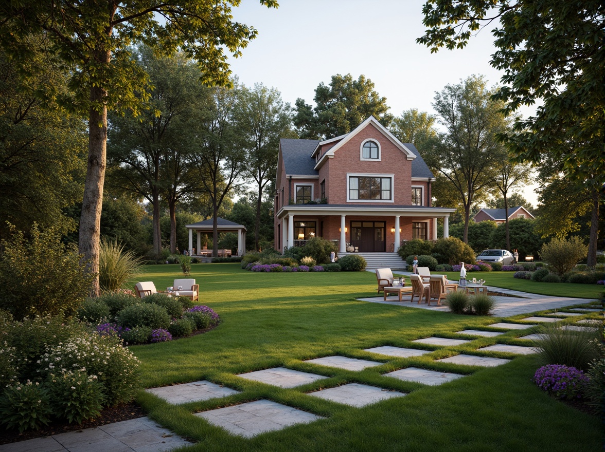 Prompt: Manicured lawn, ornate gardens, blooming flowers, lush greenery, meandering walkways, natural stone pathways, classic lanterns, symmetrical landscaping, elegant fountains, refined outdoor furniture, soft warm lighting, serene ambiance, 3/4 composition, shallow depth of field, realistic textures, ambient occlusion, suburban residential setting, traditional architecture, brick or stucco exterior, pitched roofs, dormer windows, ornate front doors, inviting porches, cozy outdoor seating areas.