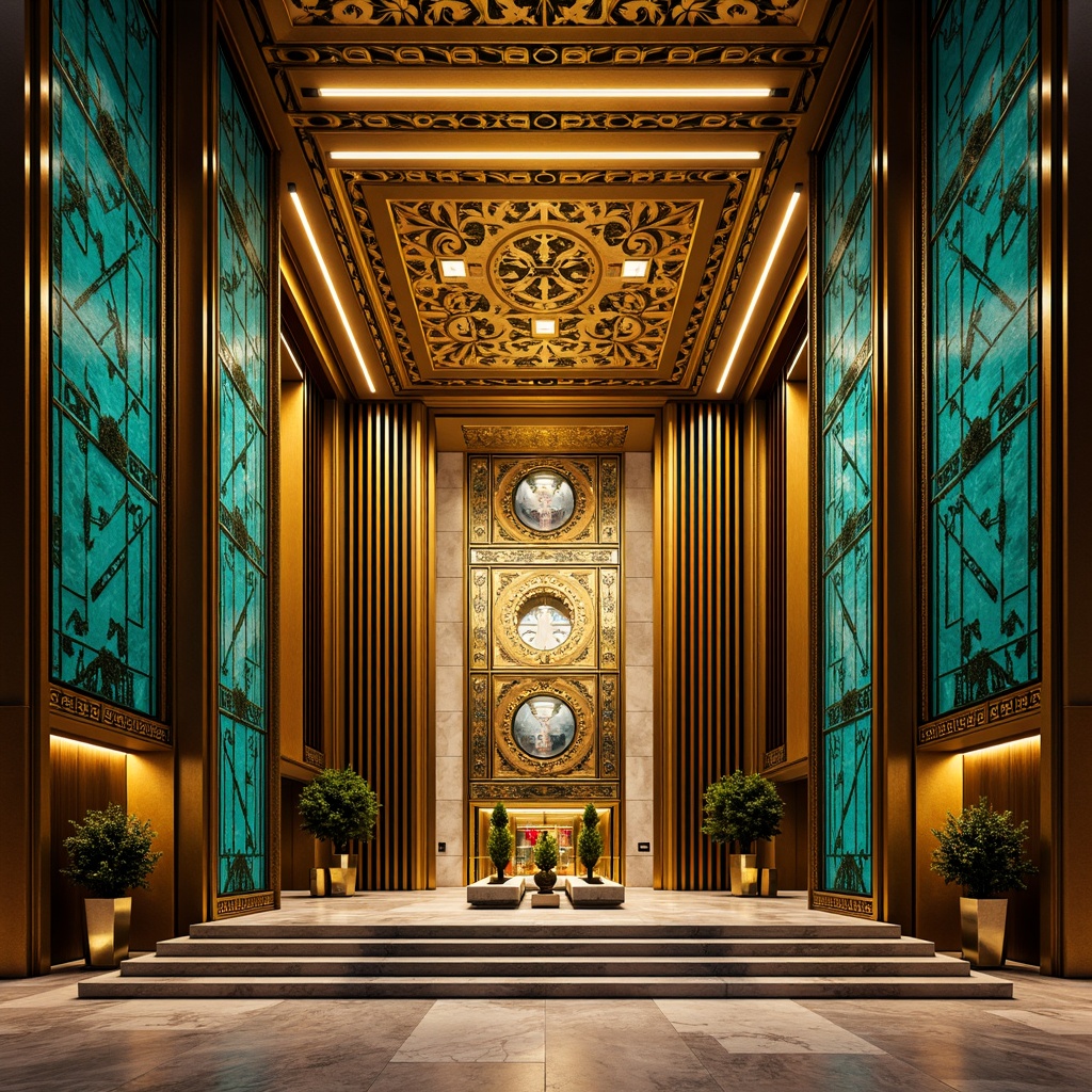 Prompt: Opulent Art Deco monument, lavish golden accents, rich bronze tones, vibrant turquoise mosaics, geometric patterns, ornate metalwork, luxurious marble surfaces, bold black outlines, stylized floral motifs, sunburst designs, zigzag patterns, metallic sheen, warm ambient lighting, shallow depth of field, 1/1 composition, symmetrical framing, high-contrast colors, intricate textures, realistic reflections.