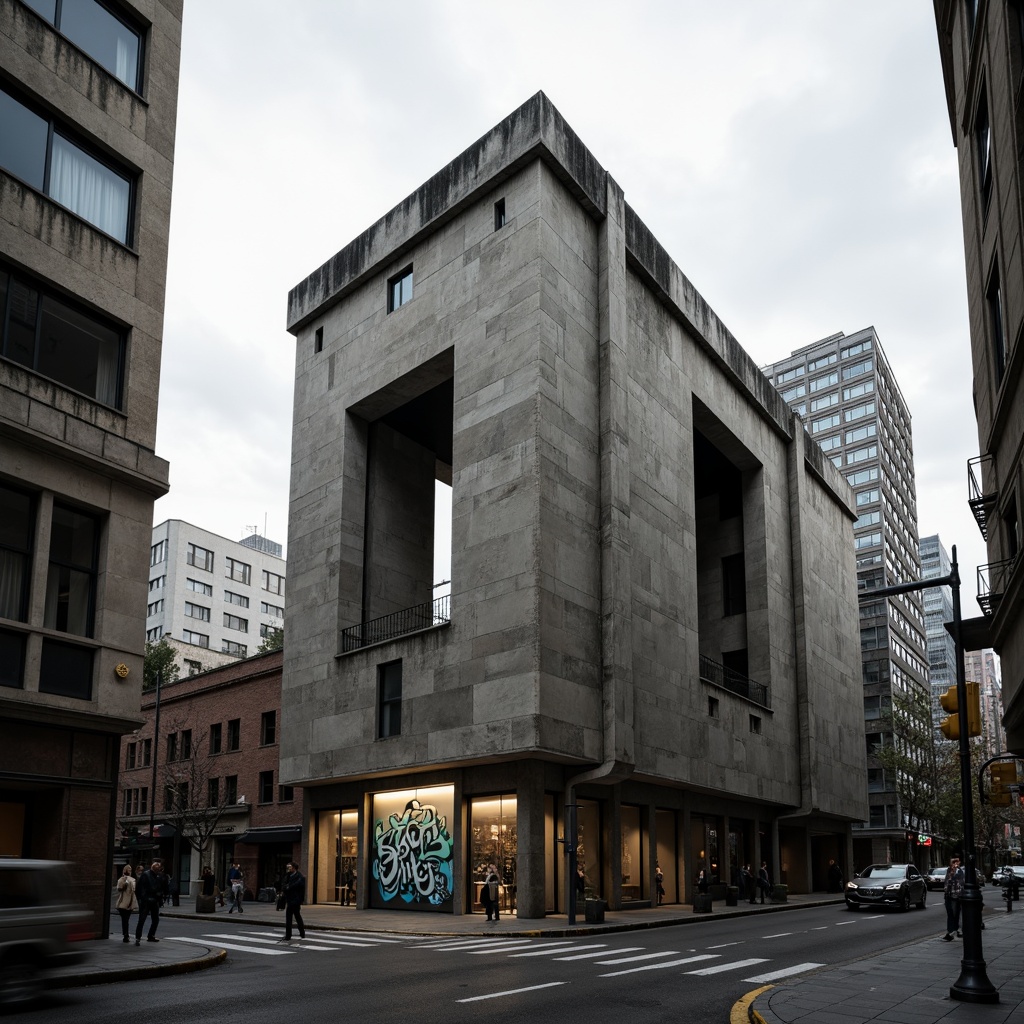 Prompt: Rugged brutalist building, exposed concrete walls, raw industrial materials, bold geometric forms, dramatic shadows, harsh contrasts, urban cityscape, overcast sky, strong angular lines, fortress-like structure, monumental scale, cold monochromatic color palette, industrial-style lighting fixtures, rough-hewn stone accents, distressed metal details, abstract graffiti, gritty urban atmosphere, high-contrast photography, dramatic chiaroscuro, 2/3 composition, low-angle shot, cinematic mood.