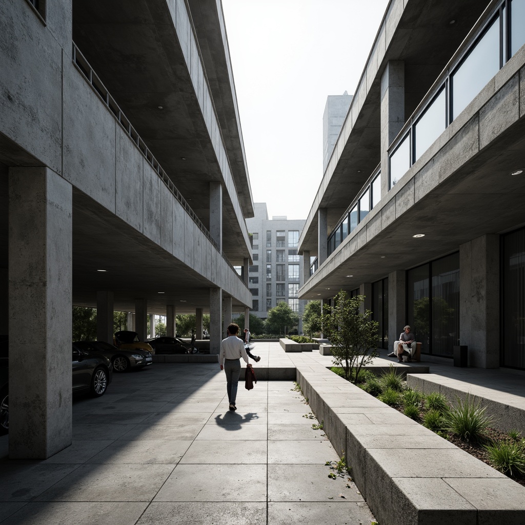 Prompt: Exposed concrete structures, industrial chic aesthetic, raw unfinished textures, brutalist architecture, functional simplicity, minimalist ornamentation, honest material expression, cantilevered roofs, angular lines, monochromatic color scheme, natural light pouring in, dramatic shadows, 3/4 composition, shallow depth of field, realistic renderings, ambient occlusion.