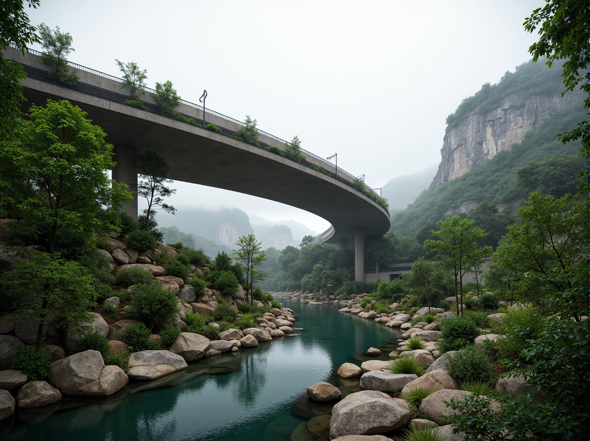 Prompt: Curved bridge silhouette, harmonious landscape integration, lush greenery, meandering waterways, natural stone foundations, sleek modern architecture, fusion of structural elements, dynamic lighting effects, misty atmospheric conditions, shallow depth of field, 1/2 composition, panoramic view, realistic textures, ambient occlusion, vibrant colorful accents, intricate geometric patterns, innovative material usage, sustainable design principles.