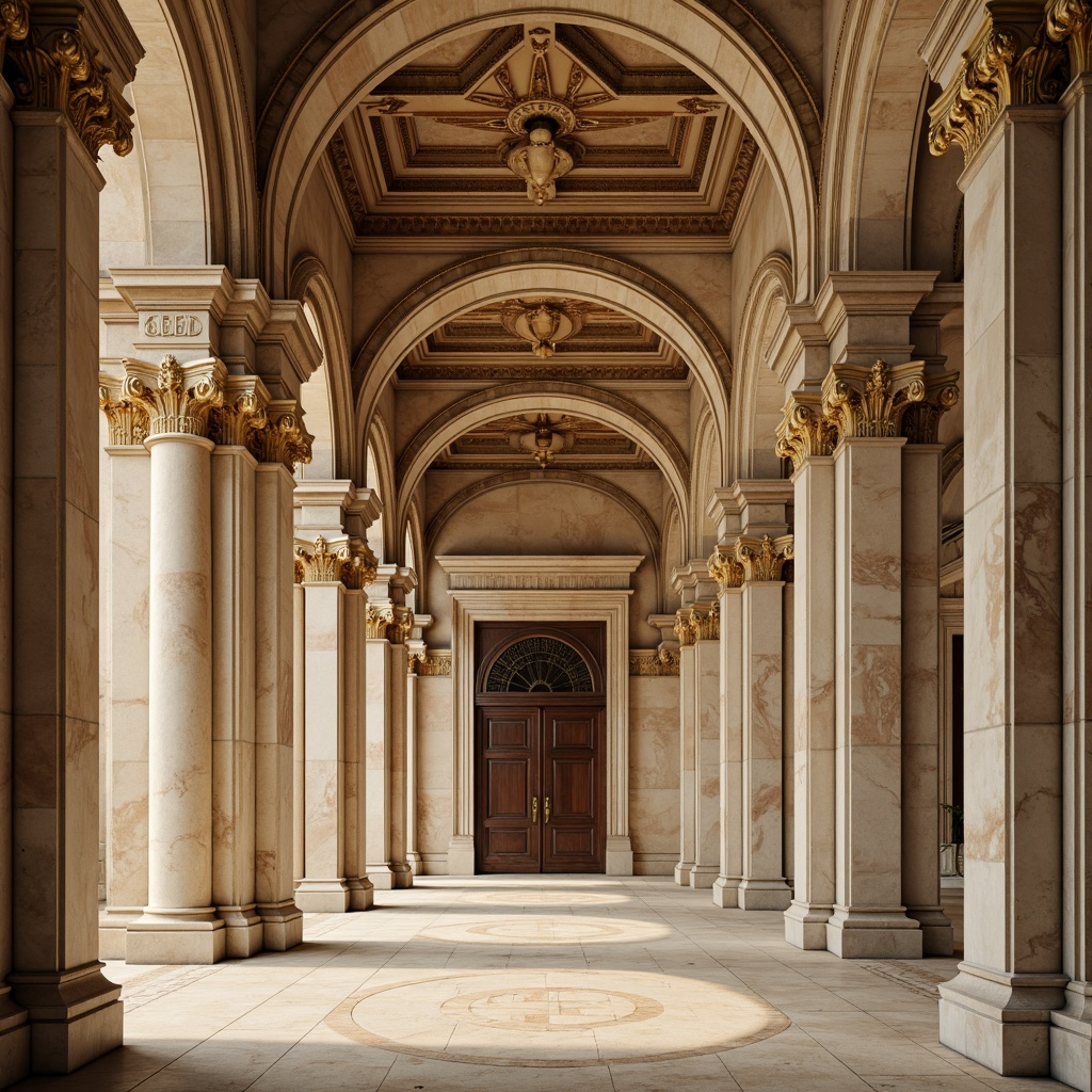 Prompt: Ornate columns, carved stone capitals, grand archways, symmetrical facades, ornamental moldings, intricate carvings, classical pediments, rusticated bases, fluted pilasters, egg-and-dart motifs, acanthus leaf patterns, subtle color palette, warm beige tones, soft golden lighting, shallow depth of field, 1/1 composition, realistic textures, ambient occlusion.