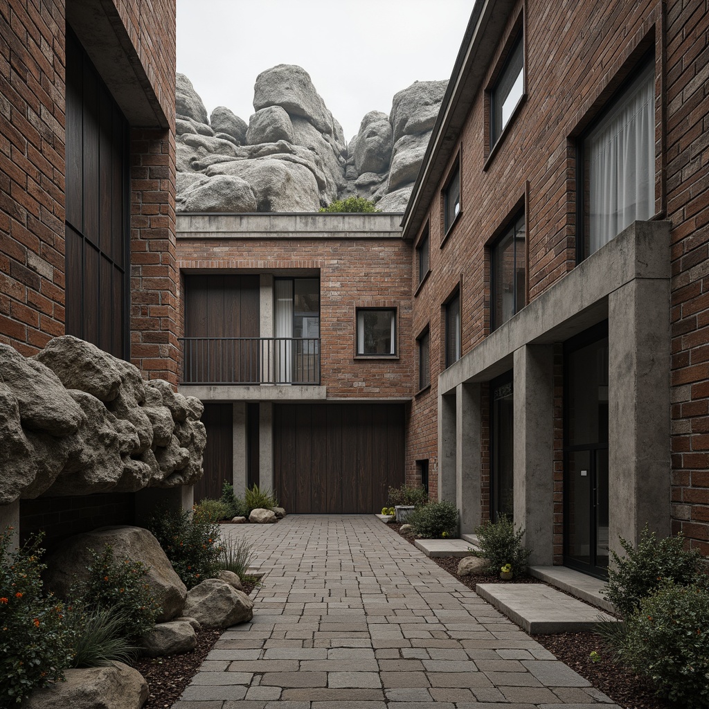 Prompt: Rustic stone walls, weathered wooden planks, rough-hewn concrete columns, tactile brick facades, ornate metalwork, intricate stonework patterns, natural rock formations, earthy tones, organic shapes, brutalist architecture, industrial chic aesthetic, urban landscape, overcast sky, dramatic shadows, high-contrast lighting, 1/2 composition, atmospheric perspective, realistic material rendering.