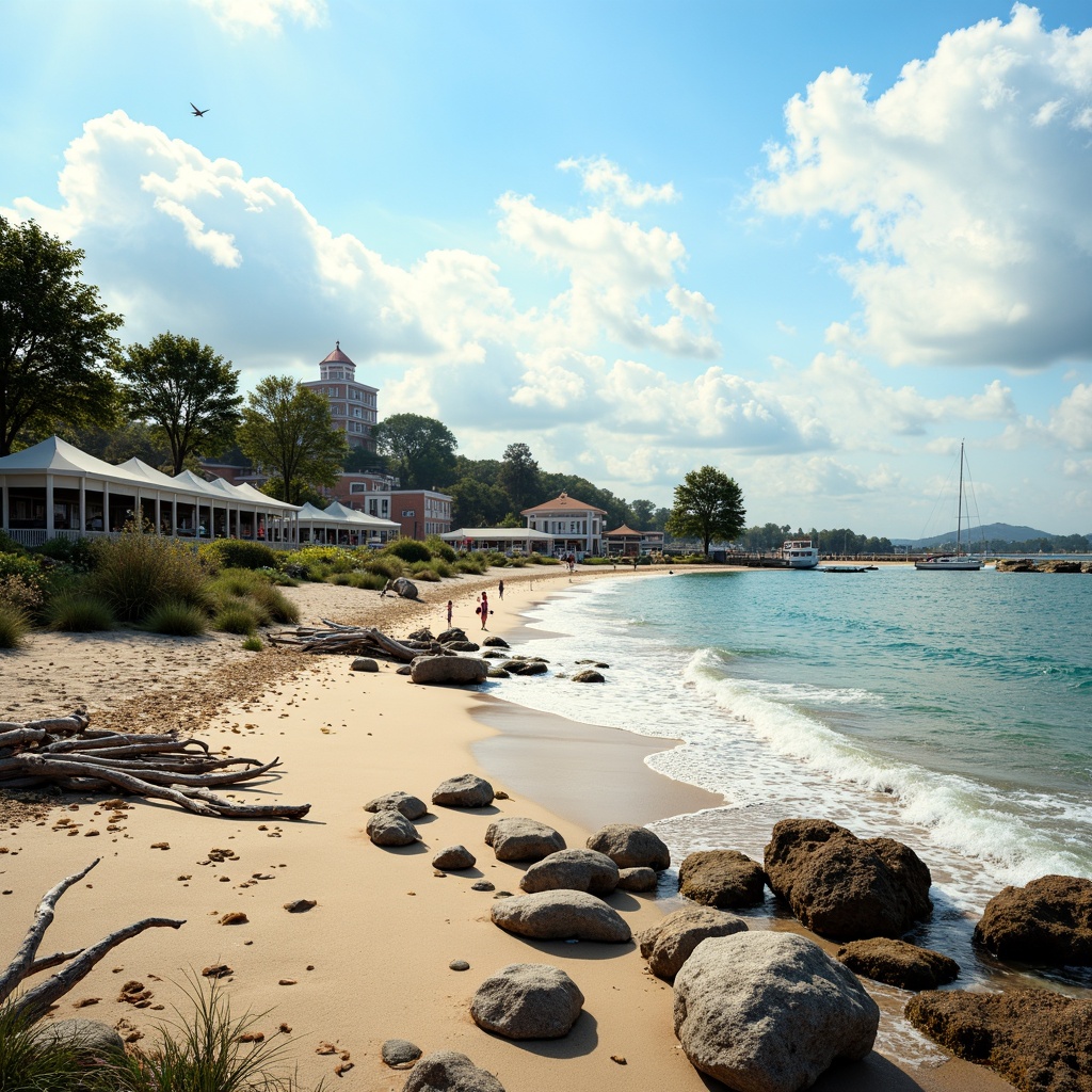 Prompt: Sandy beach, rocky shores, ocean waves, sea spray, driftwood, nautical ropes, weathered piers, coastal vegetation, salt-tolerant plants, beachside promenade, seaside restaurants, surf shacks, lifeguard towers, sailboats, yachts, seagulls, sunny day, soft warm lighting, shallow depth of field, 3/4 composition, panoramic view, realistic textures, ambient occlusion, harmonious color palette, natural material integration, sustainable design principles, eco-friendly infrastructure, resilient construction methods.