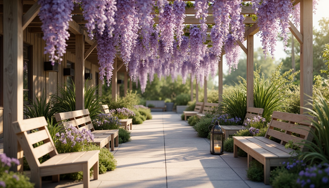 Prompt: Soft wisteria flowers, delicate purple hues, pastel lavender shades, creamy whites, warm beige tones, gentle peach accents, lush green foliage, natural wood textures, vintage garden benches, whimsical metal lanterns, dreamy afternoon sunlight, soft focus, shallow depth of field, 1/2 composition, romantic atmosphere, realistic renderings, subtle ambient occlusion.