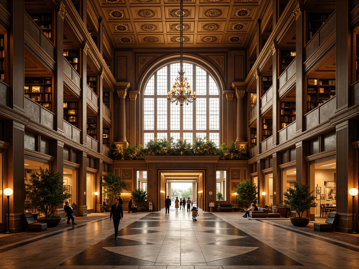 Prompt: Grand library facade, ornate Art Deco details, geometric patterns, metallic accents, grand entrance, symmetrical composition, vertical lines, luxurious materials, marble columns, bronze doors, stained glass windows, intricate moldings, ornamental railings, lavish chandeliers, warm golden lighting, shallow depth of field, 1/2 composition, realistic textures, ambient occlusion.