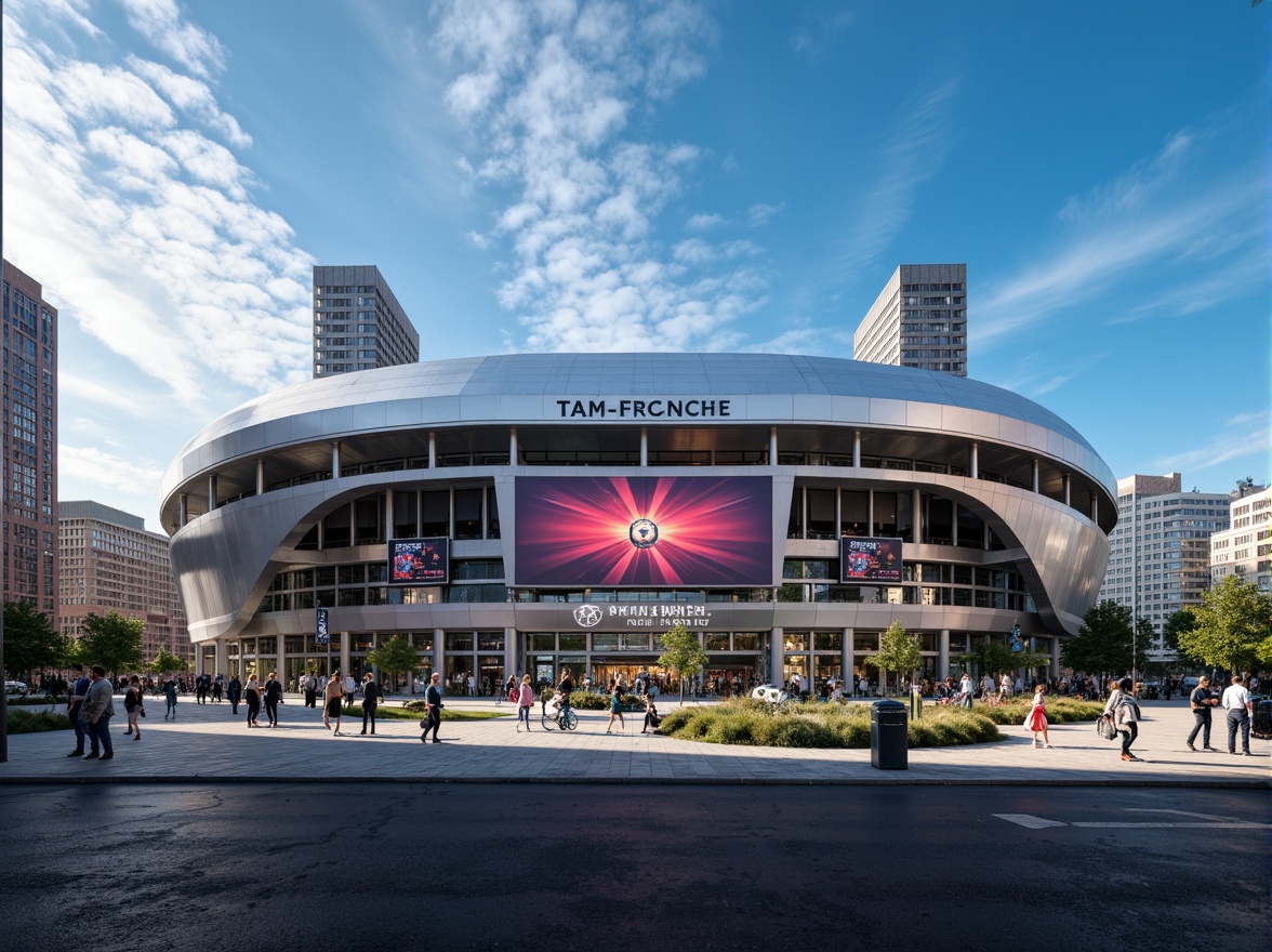 Prompt: Sleek stadium fa\u00e7ade, curved lines, aerodynamic shapes, metallic materials, reflective surfaces, modernist architecture, grand entrance gates, electronic scoreboards, vibrant LED lighting, dynamic shading systems, cantilevered roofs, open-air concourses, urban cityscape backdrop, clear blue sky, dramatic cloud formations, low-angle sunlight, high-contrast shadows, 1/2 composition, symmetrical framing, cinematic camera angles, realistic reflections, ambient occlusion.