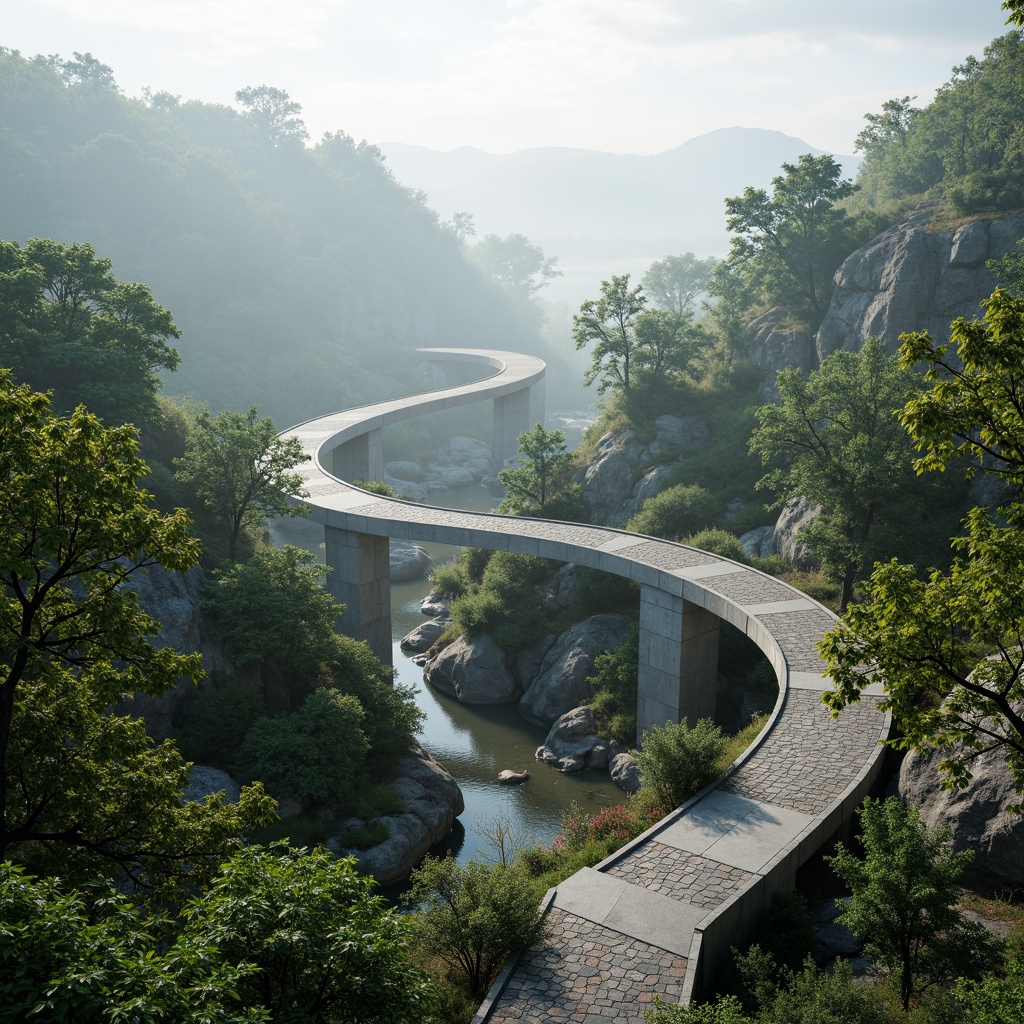 Prompt: Curved bridge silhouette, harmonious landscape integration, lush greenery, meandering waterways, natural stone foundations, sleek modern architecture, fusion of structural elements, dynamic lighting effects, misty atmospheric conditions, shallow depth of field, 1/2 composition, panoramic view, realistic textures, ambient occlusion, vibrant colorful accents, intricate geometric patterns, innovative material usage, sustainable design principles.