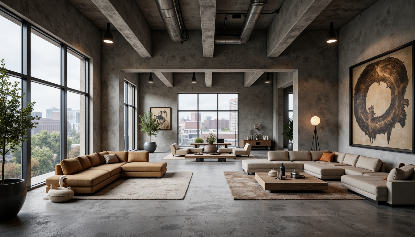 Prompt: Exposed concrete walls, rugged stone floors, industrial metal beams, raw wooden accents, minimalist decor, brutalist architectural style, urban loft atmosphere, high ceilings, large windows, natural light, cityscape views, functional simplicity, monochromatic color scheme, distressed textures, rough-hewn wood furniture, steel lighting fixtures, industrial-style pipes, concrete columns, brutalist-inspired sculptures, abstract artwork, moody ambient lighting, shallow depth of field, 2/3 composition, cinematic framing.