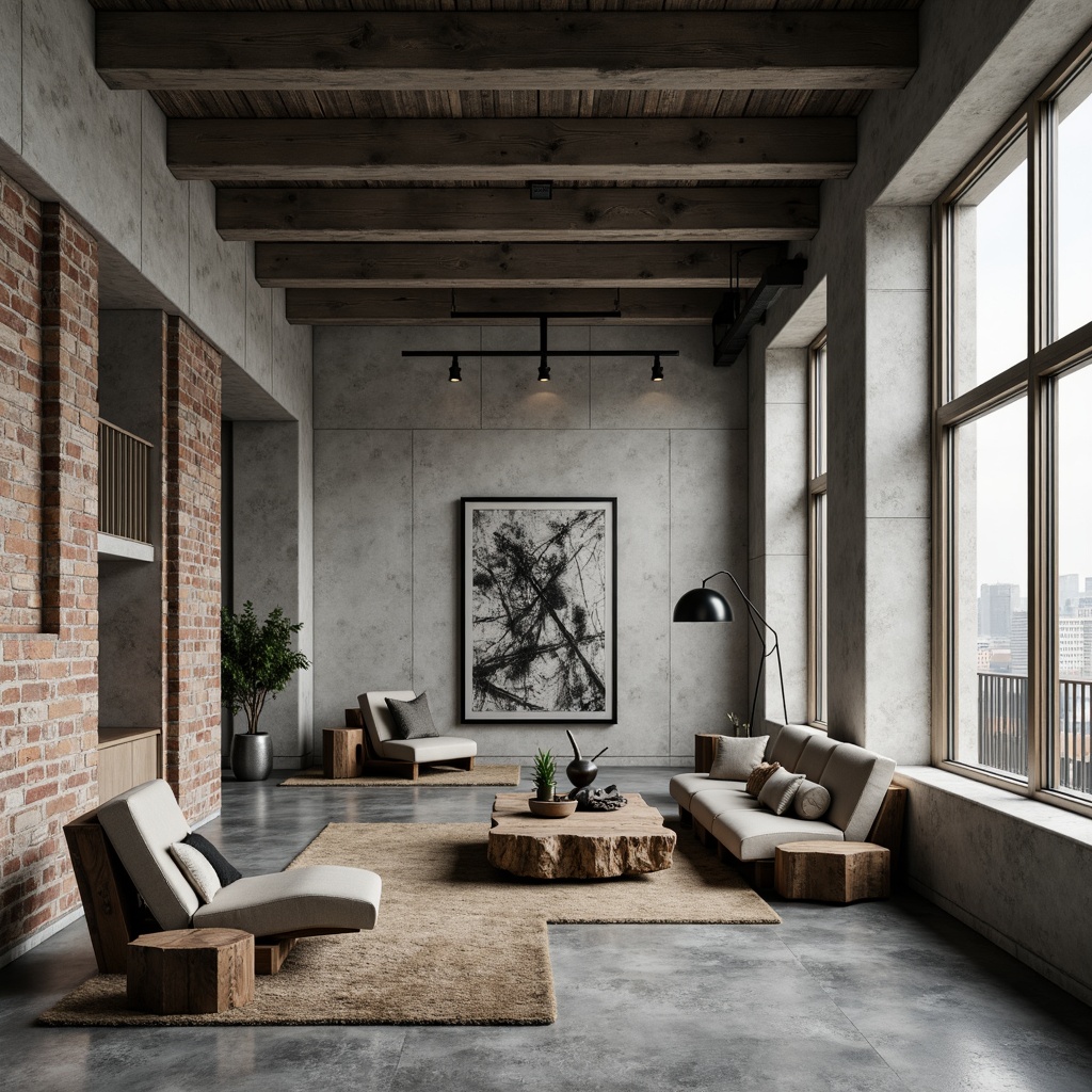 Prompt: Exposed concrete walls, rugged stone floors, industrial metal beams, raw wooden accents, minimalist decor, brutalist architectural style, urban loft atmosphere, high ceilings, large windows, natural light, cityscape views, functional simplicity, monochromatic color scheme, distressed textures, rough-hewn wood furniture, steel lighting fixtures, industrial-style pipes, concrete columns, brutalist-inspired sculptures, abstract artwork, moody ambient lighting, shallow depth of field, 2/3 composition, cinematic framing.