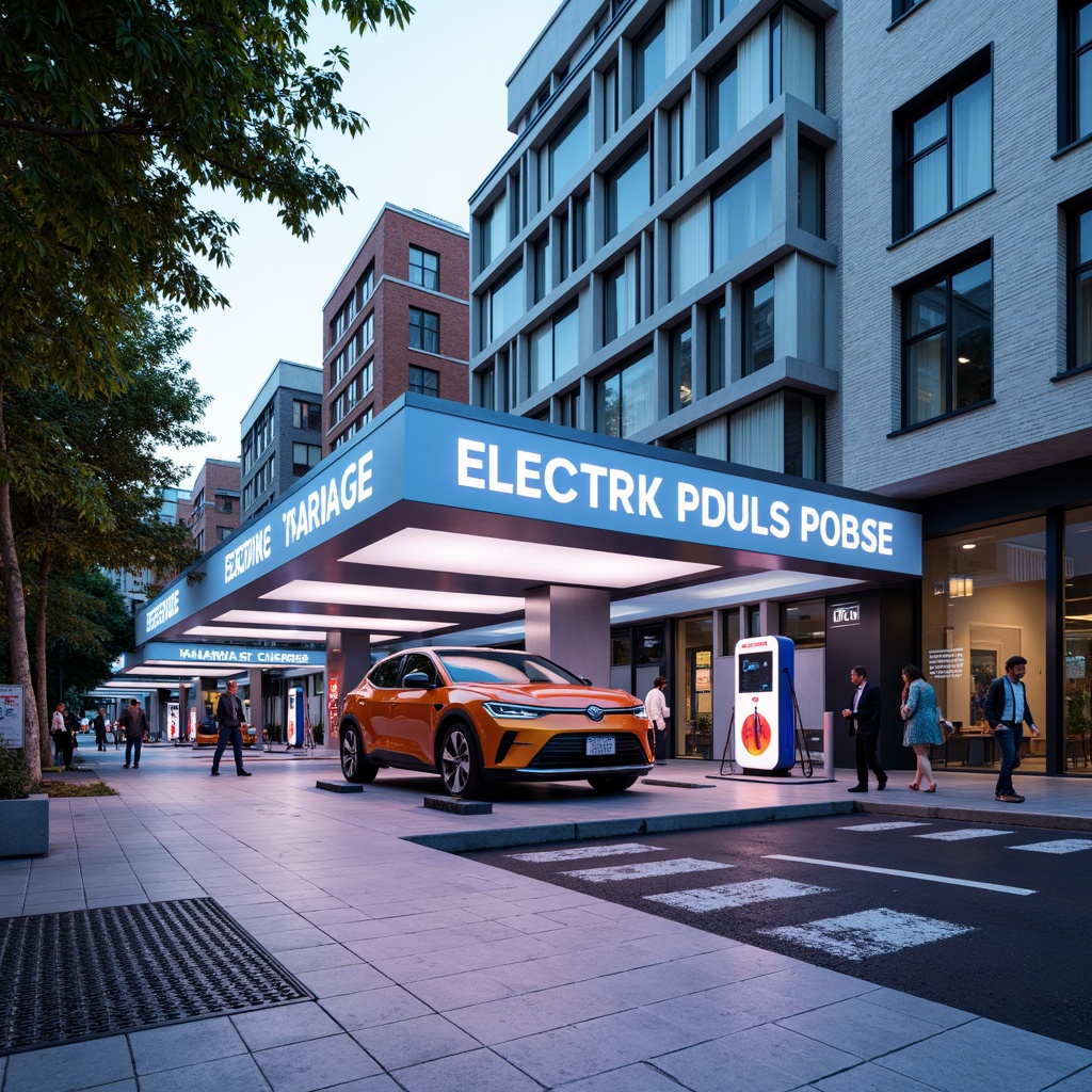 Prompt: Vibrant electric vehicle charging station, neon-lit signage, bold typography, futuristic architecture, sleek metal columns, glossy white floors, dynamic LED lighting, energizing color scheme, contrasting accents, modern minimalist design, urban cityscape, busy streets, morning sunlight, shallow depth of field, 1/1 composition, realistic textures, ambient occlusion.