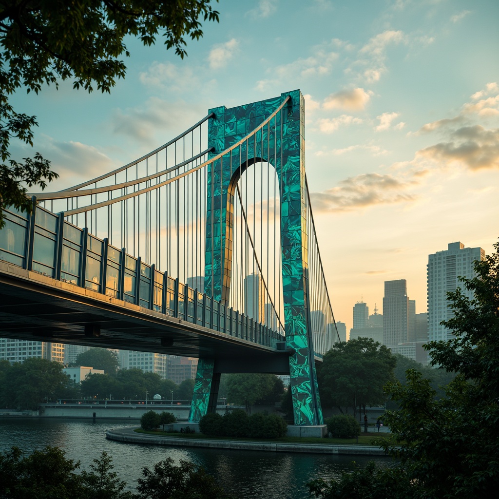 Prompt: Vibrant fusion architecture, curved bridge structures, steel cables, suspension systems, modern urban landscape, city skyline, misty morning atmosphere, warm golden lighting, soft focus effect, 1/2 composition, low-angle shot, rich textures, ambient occlusion, iridescent blue-green color scheme, neon accents, metallic sheen, glass railings, LED light installations, futuristic ambiance.