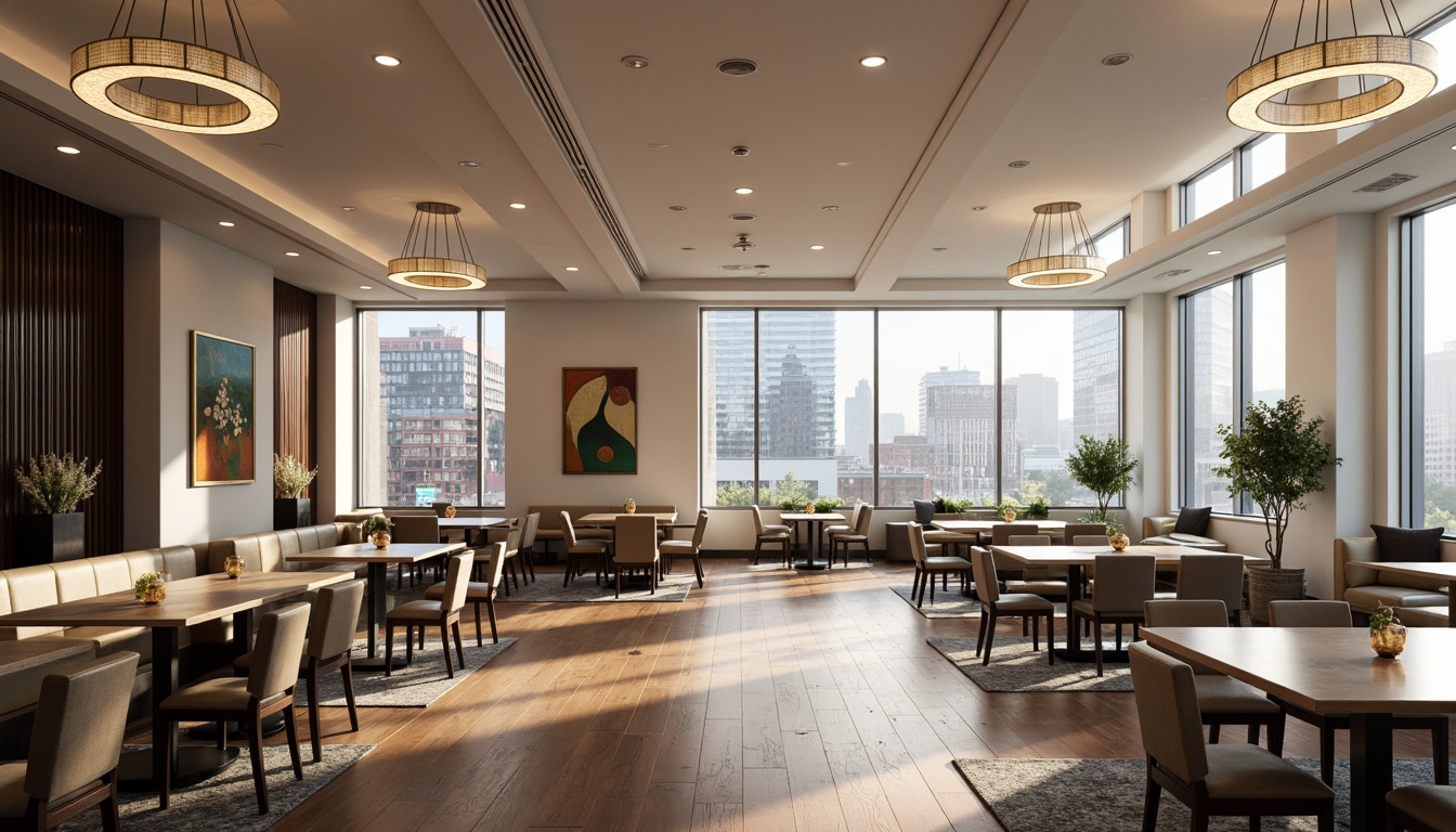 Prompt: Minimalist dining hall, open floor plan, high ceilings, large windows, natural light, sleek wooden floors, modern furniture, geometric patterns, abstract artwork, neutral color palette, elegant chandeliers, sophisticated ambiance, urban cityscape views, bustling streets, cosmopolitan atmosphere, warm soft lighting, shallow depth of field, 1/1 composition, realistic textures, ambient occlusion.