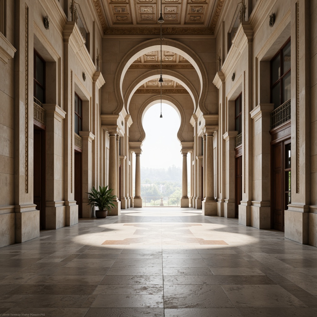 Prompt: Grand symmetrical entrance, harmonious balance, elegant arches, ornate columns, mirrored reflections, radial patterns, central axis, perfect proportions, geometric shapes, minimalist design, neutral color palette, natural stone flooring, subtle textures, ambient lighting, soft shadows, 1/1 composition, frontal view, realistic rendering, atmospheric perspective.