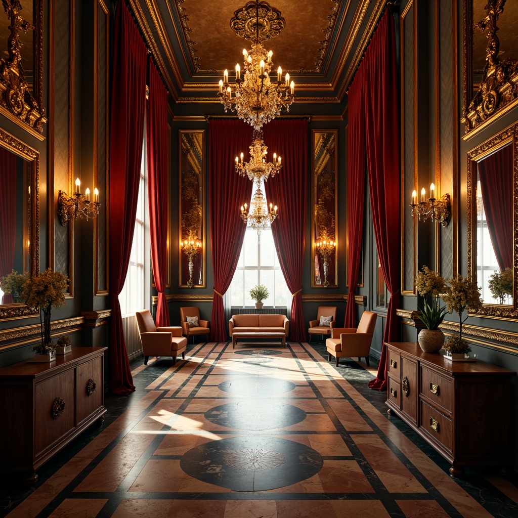 Prompt: Opulent palace interior, rich velvet drapes, gilded ornate mirrors, intricate marble flooring, lavish chandeliers, warm golden lighting, soft focus, shallow depth of field, 1/1 composition, dramatic shadows, luxurious fabrics, jewel-toned accents, regal crimson reds, majestic blues, ornate gold leafing, subtle texture overlays, realistic reflections.