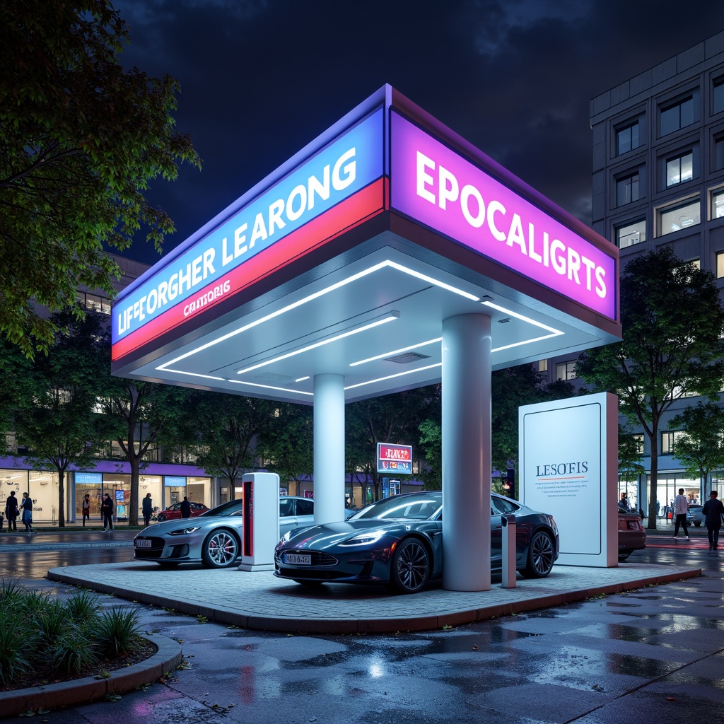 Prompt: Vibrant electric vehicle charging station, neon-lit signage, bold typography, futuristic architecture, sleek metal columns, glossy white surfaces, dynamic LED lighting, urban cityscape, busy streets, modern infrastructure, eco-friendly design, sustainable energy solutions, green roofs, innovative technology integration, shallow depth of field, 3/4 composition, panoramic view, realistic textures, ambient occlusion.