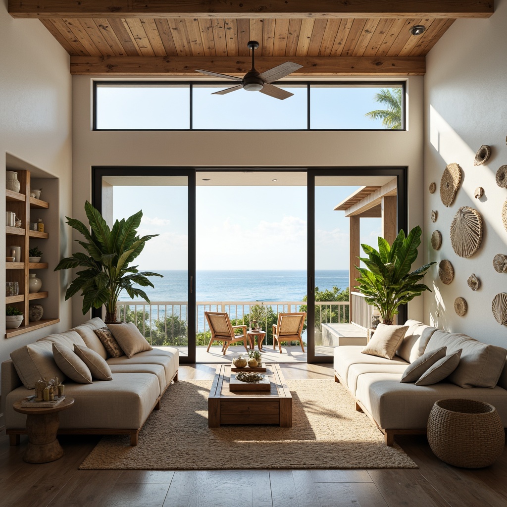 Prompt: Coastal living room, ocean-inspired color palette, driftwood accents, natural textiles, woven sea grass furniture, coral-patterned rugs, shell-adorned decorative walls, floor-to-ceiling windows, sliding glass doors, panoramic ocean views, soft warm lighting, beachy ambiance, minimalist decor, nautical-themed accessories, distressed wood flooring, plush sectional sofas, built-in shelving units, tropical plants, calming atmosphere, 1/1 composition, realistic reflections, ambient occlusion.