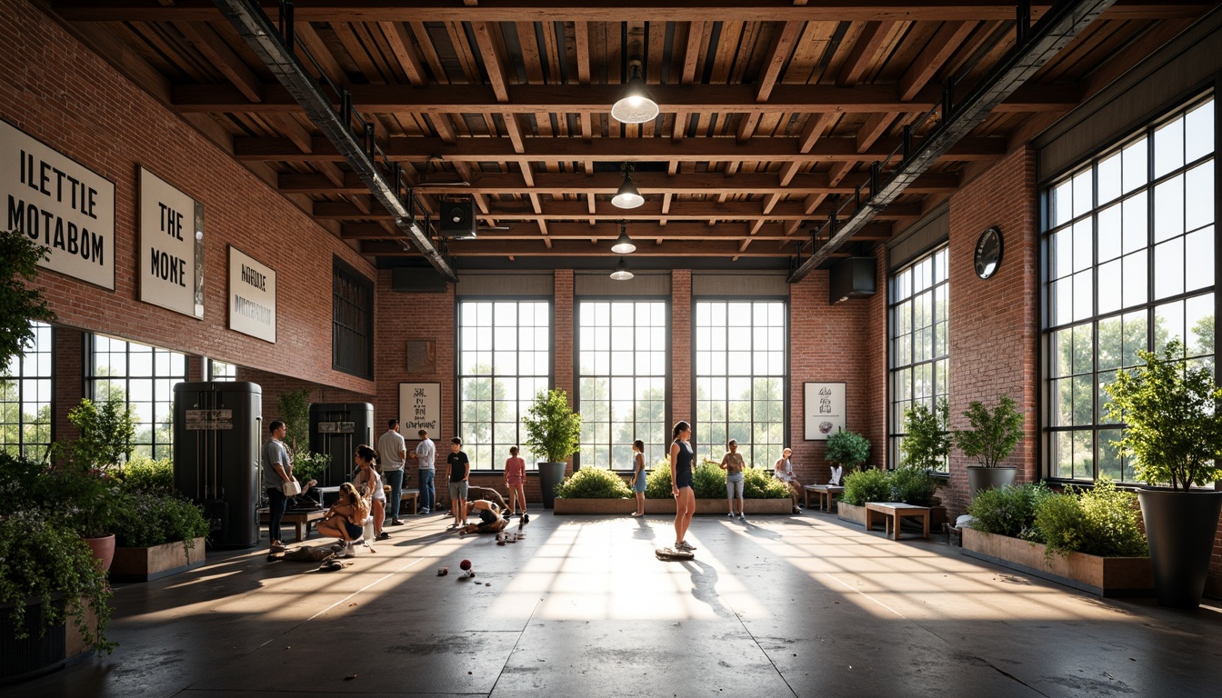 Prompt: Vibrant metabolism-inspired gymnasium, natural light pouring in, industrial-style metal beams, reclaimed wood accents, exposed brick walls, modern fitness equipment, free weights, exercise machines, mirrored walls, motivational quotes, greenery-filled planters, minimalist decor, high ceilings, large windows, soft warm lighting, shallow depth of field, 3/4 composition, panoramic view, realistic textures, ambient occlusion.