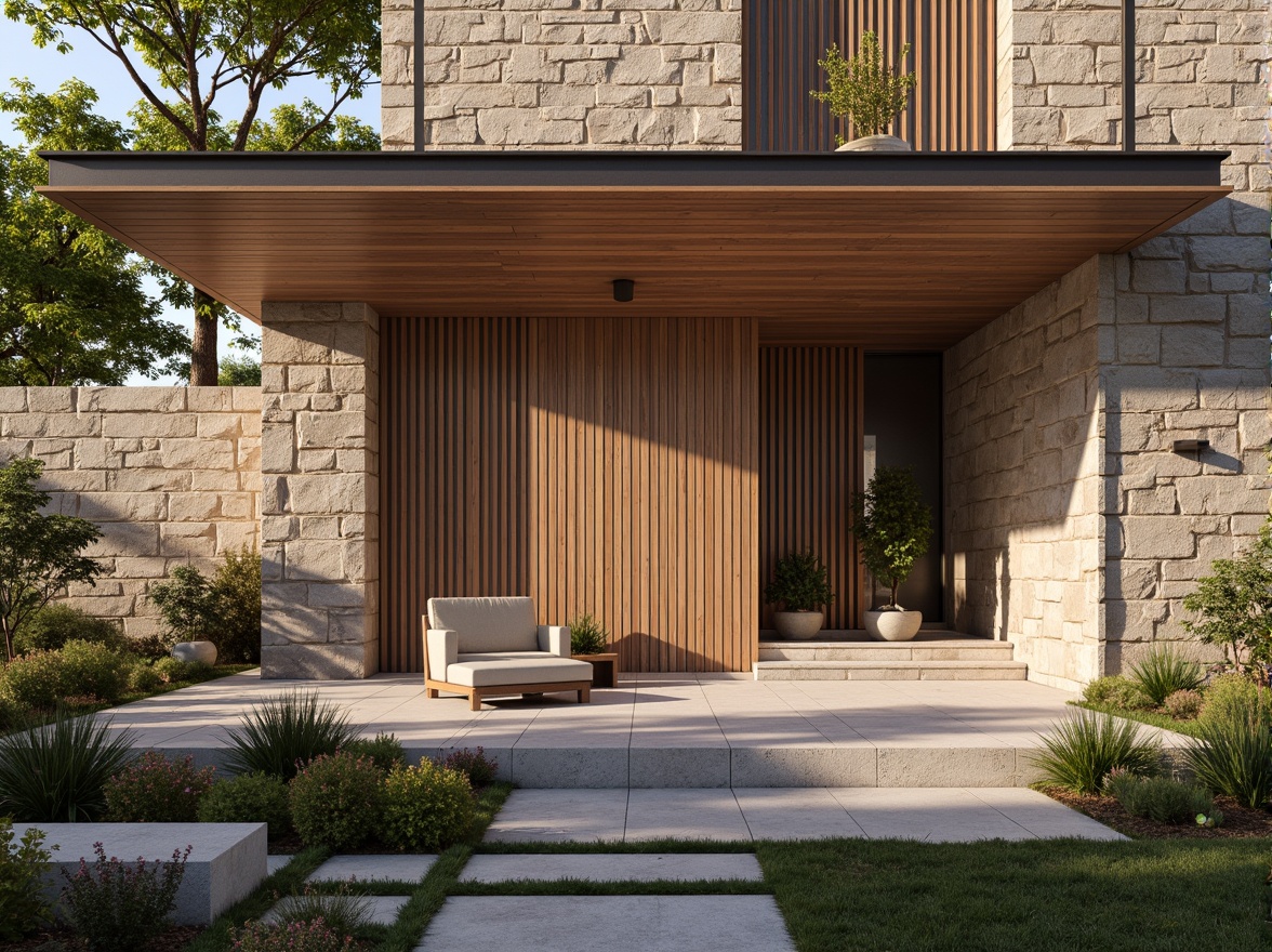 Prompt: Rough stone walls, rustic brick facades, wooden accents, natural wood grain, earthy tones, organic forms, irregular shapes, tactile experiences, 3D modeling, realistic renderings, ambient occlusion, soft warm lighting, shallow depth of field, 2/3 composition, modern architecture, sustainable design, eco-friendly materials, green roofs, living walls, urban landscapes, city skylines, industrial heritage, converted warehouses.