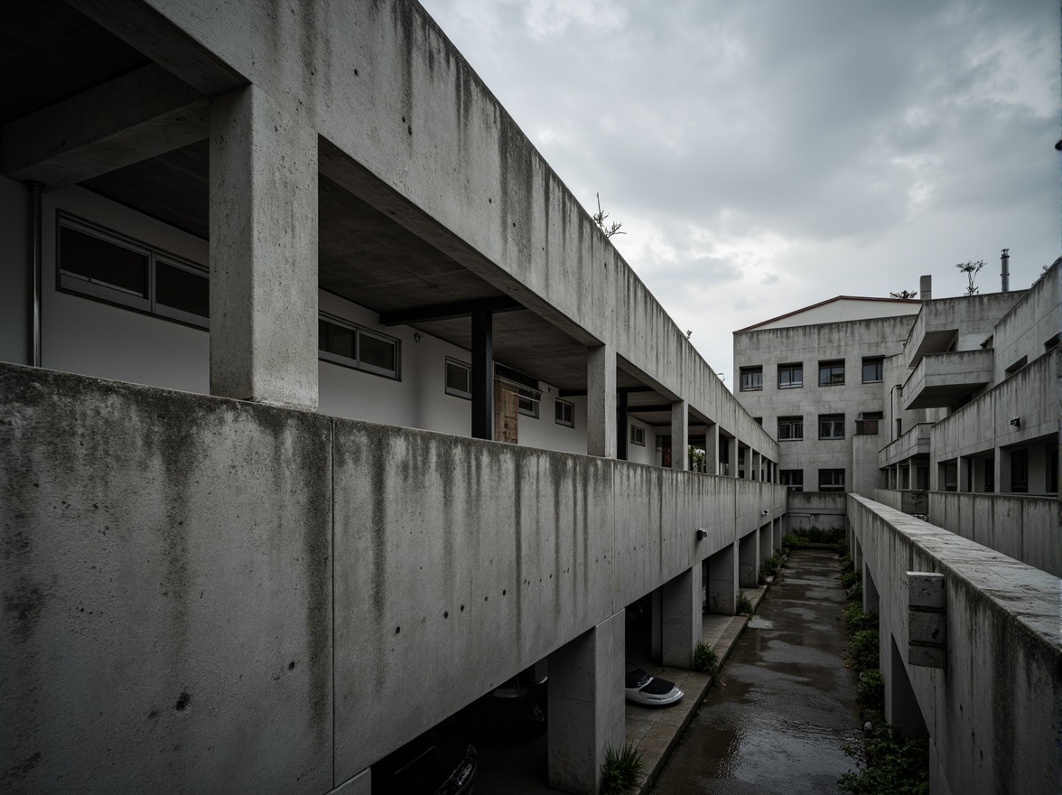 Prompt: Exposed concrete walls, rugged textures, industrial pipes, raw steel beams, minimalist balconies, brutalist architecture, urban cityscape, gloomy overcast sky, dramatic shadows, high-contrast lighting, bold geometric forms, functional simplicity, distressed finishes, poured-in-place concrete, cold monochromatic color palette, 1/1 composition, low-angle shot, cinematic atmosphere, gritty realistic textures.