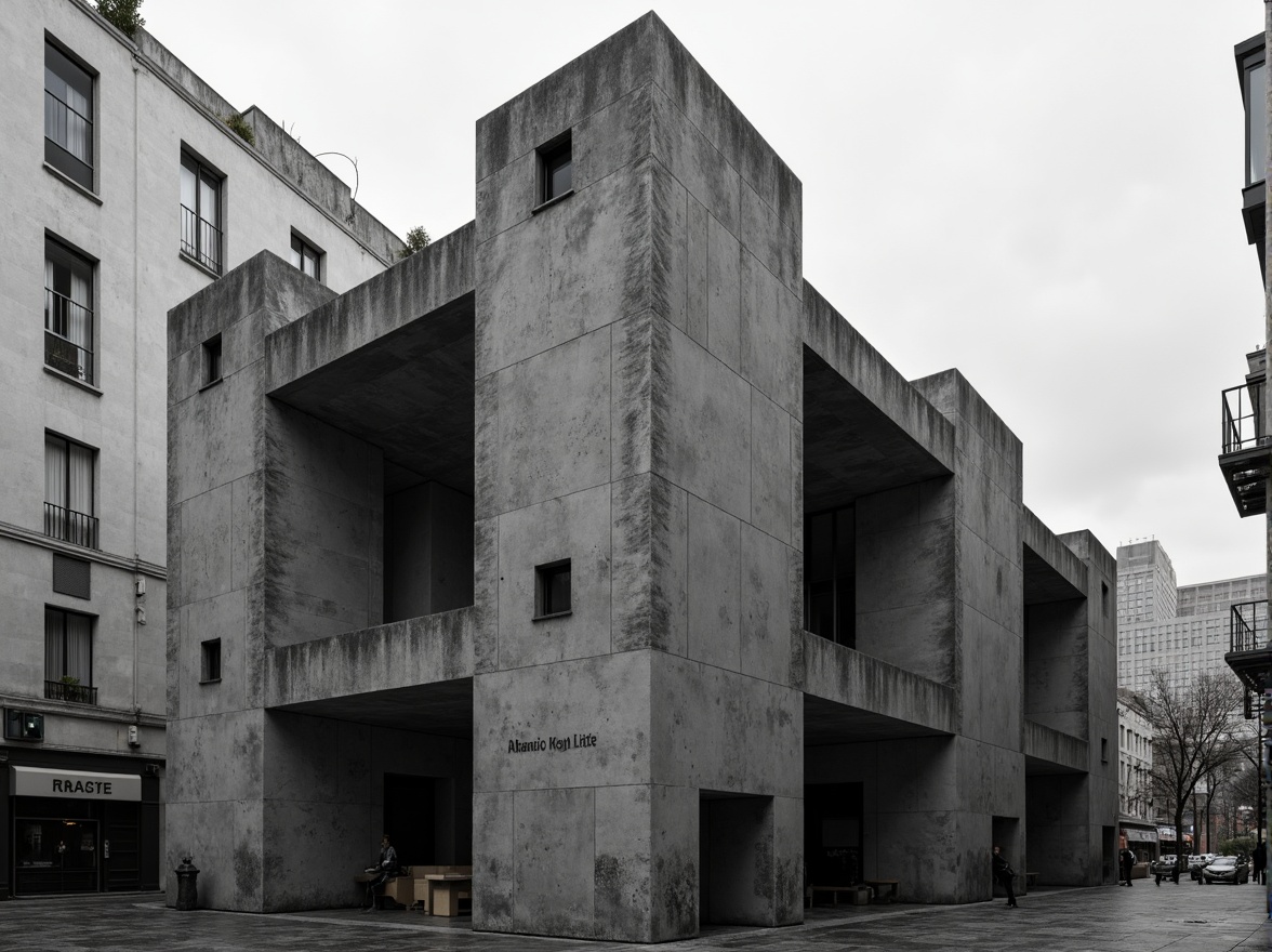 Prompt: Rugged brutalist building, exposed concrete walls, raw industrial materials, bold geometric forms, dramatic shadows, harsh contrasts, urban cityscape, overcast sky, strong vertical lines, fortress-like structure, monumental scale, abstract sculptures, cold monochromatic color scheme, high-contrast lighting, deep depth of field, 1/2 composition, cinematic atmosphere, gritty textures, ambient occlusion.