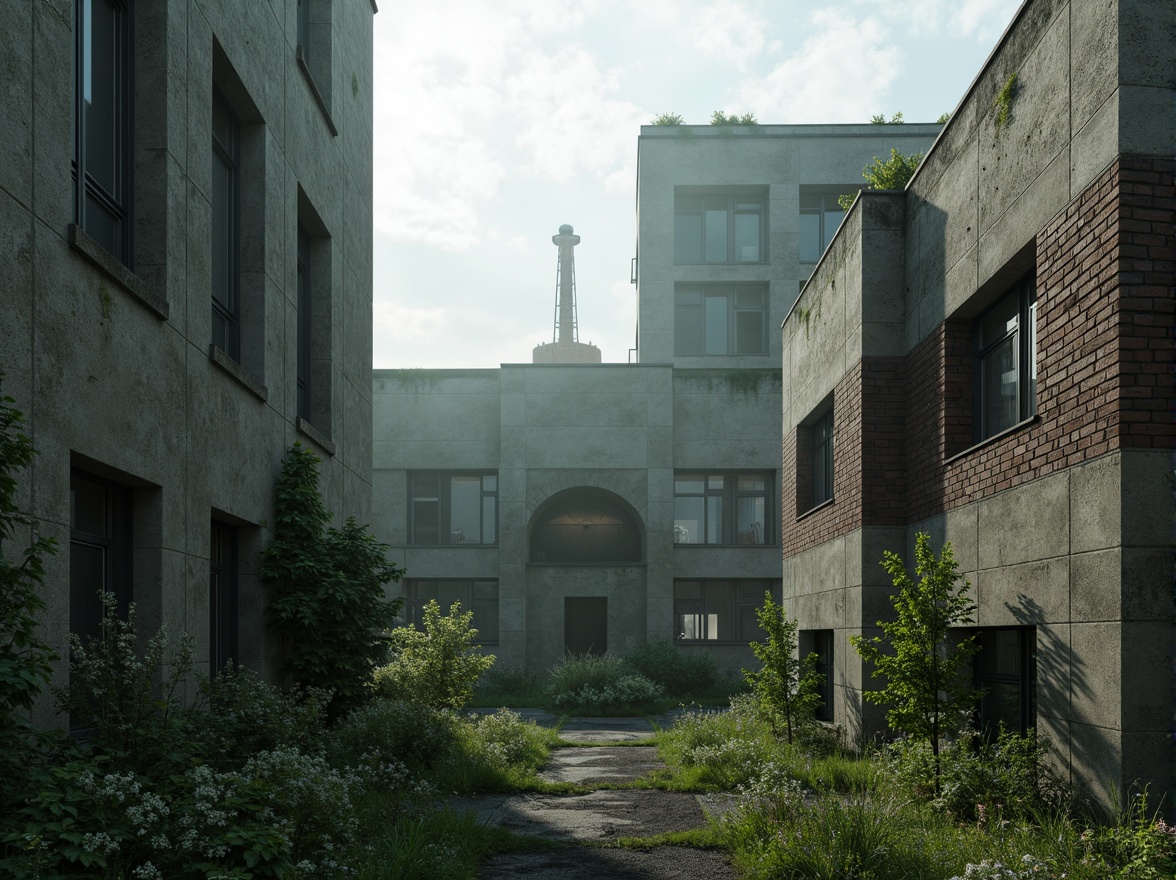 Prompt: Rugged brutalist architecture, raw concrete textures, fortress-like structures, overgrown vegetation, wildflowers, moss-covered walls, industrial landscapes, abandoned factories, crumbling brick facades, distressed metal accents, urban decay, post-apocalyptic atmosphere, dramatic lighting, low-angle shots, cinematic composition, gritty realistic renderings, atmospheric fog effects, misty mornings, eerie silence.