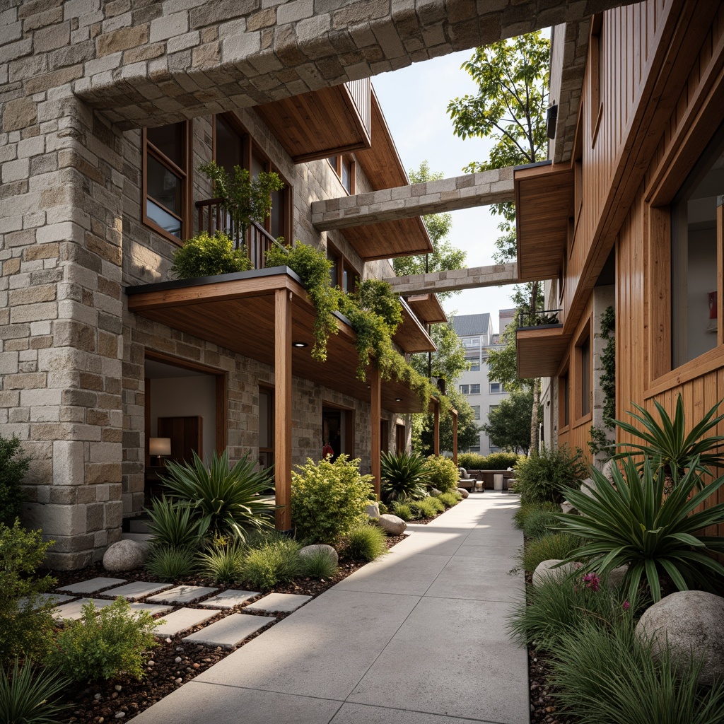 Prompt: Rough stone walls, rustic brick facades, wooden accents, natural wood grain, earthy tones, organic forms, irregular shapes, tactile experiences, 3D modeling, realistic renderings, ambient occlusion, soft warm lighting, shallow depth of field, 2/3 composition, modern architecture, sustainable design, eco-friendly materials, green roofs, living walls, urban landscapes, city skylines, industrial heritage, converted warehouses.