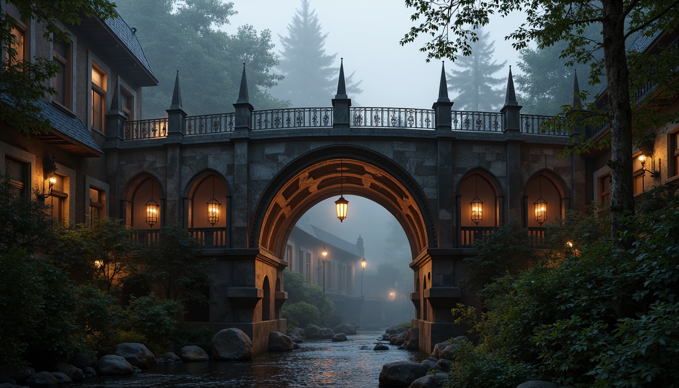 Prompt: Mysterious Gothic bridge, dark stone arches, ornate ironwork, misty foggy atmosphere, eerie twilight, warm golden lighting, rich brown wood accents, intricate carvings, pointed towers, grandiose architecture, weathered copper details, moss-covered stonework, mystical forest surroundings, serene river flowing beneath, soft focus, shallow depth of field, 1/2 composition, cinematic mood, dramatic shadows.