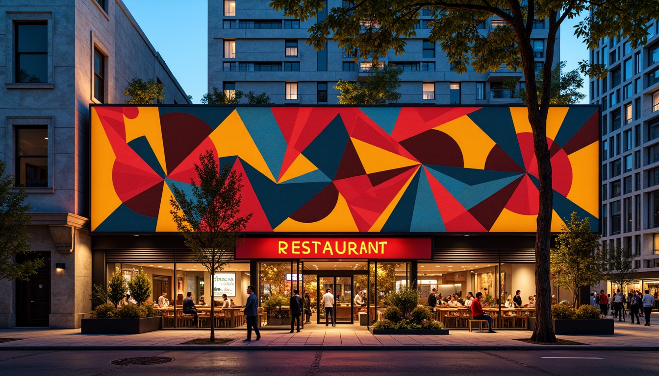 Prompt: Vibrant restaurant facade, expressionist architecture, bold geometric shapes, bright primary colors, abstract patterns, irregular forms, dynamic lighting effects, neon signs, metallic accents, industrial materials, exposed ductwork, urban cityscape, bustling streets, evening atmosphere, warm golden lighting, shallow depth of field, 1/1 composition, dramatic shadows, high-contrast textures.