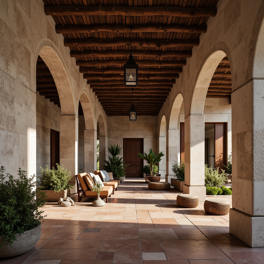 Prompt: Rustic stone walls, weathered wooden accents, rough-hewn granite columns, ornate metalwork, distressed brick facades, earthy terracotta tiles, natural fiber textiles, woven rattan furniture, organic shapes, curved lines, warm ambient lighting, soft focus, shallow depth of field, 2/3 composition, atmospheric perspective, realistic materiality, subtle color palette.