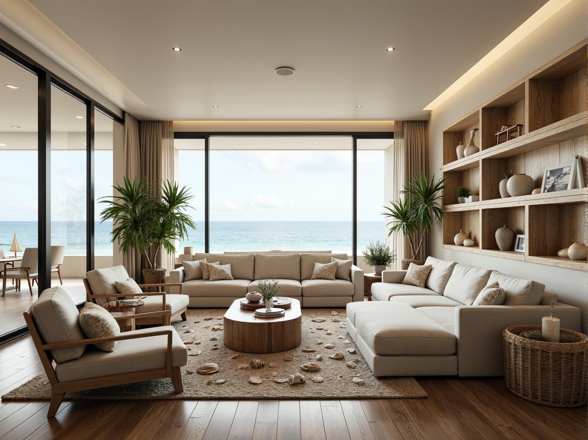 Prompt: Coastal living room, ocean-inspired color palette, driftwood accents, natural textiles, woven sea grass furniture, coral-patterned rugs, shell-adorned decorative walls, floor-to-ceiling windows, sliding glass doors, panoramic ocean views, soft warm lighting, beachy ambiance, minimalist decor, nautical-themed accessories, distressed wood flooring, plush sectional sofas, built-in shelving units, tropical plants, calming atmosphere, 1/1 composition, realistic reflections, ambient occlusion.